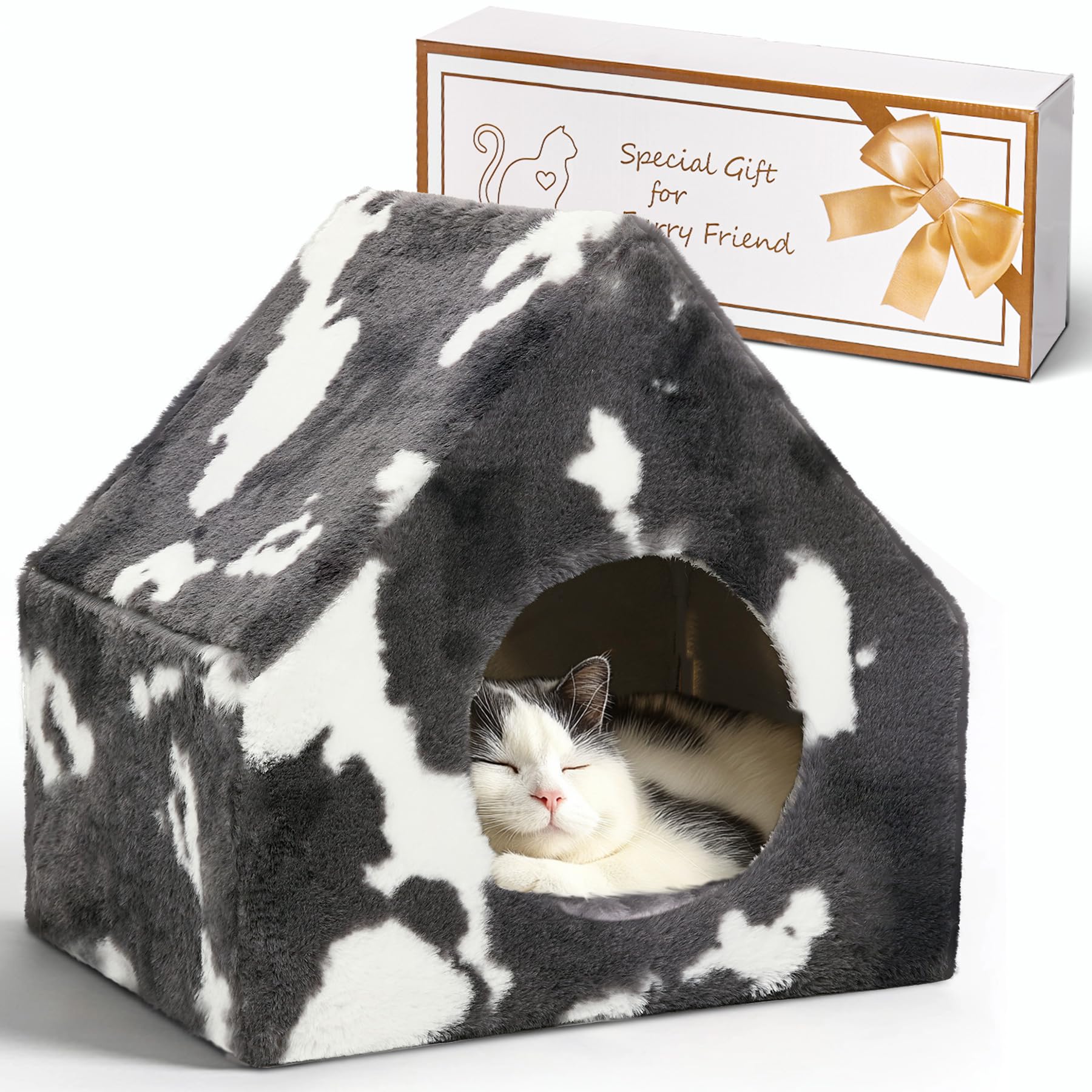 Comsaf Cat Bed Cave House - Winter Pet House With Fluffy Covered Cat Beds For Indoor Cats, Detachable Washable Plush Cat Hideawa
