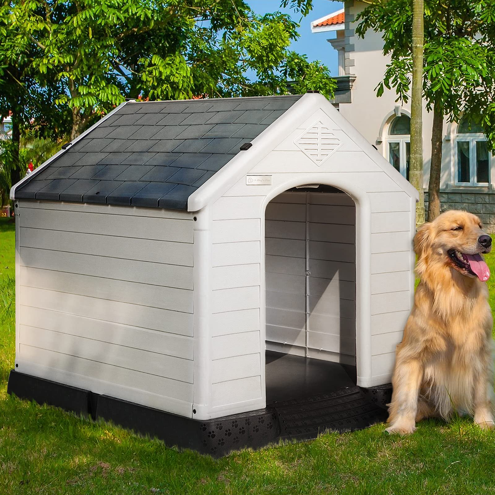 Pukami Durable Plastic Dog House With Elevated Floor And Air Vents For Outdoor Indoor Small Medium Large Dogs,Waterproof Ventilate & Easy Clean And Assemble(Grey, 42Inch)