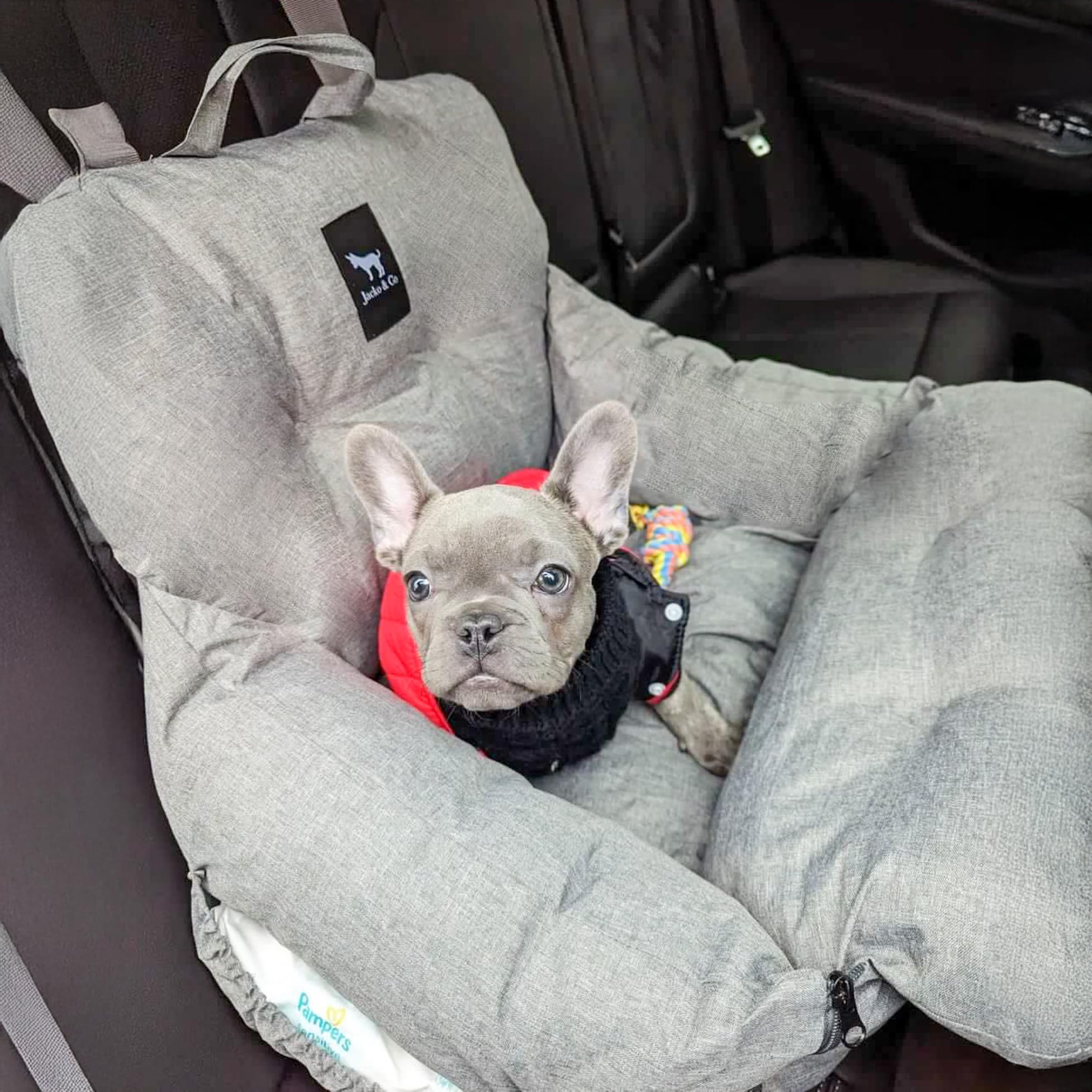 Jacko & Co - Premium Dog Car Seat & Bed For Small & Medium Dogs Up To 30Lbs, Soft Travel Bed & Carrier Bag For Pets, Puppies, Cats For Front & Back Seat, Machine Washable & Water Resistant (Grey)