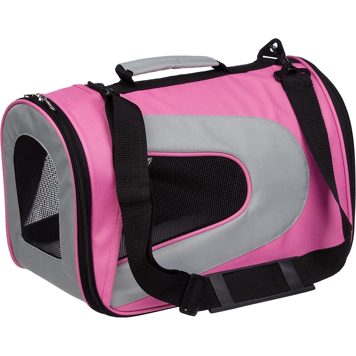 Pet Life Airline Approved Collapsible Zippered Folding Sporty Mesh Travel Fashion Pet Dog Carrier Crate, Large, Pink & Cream