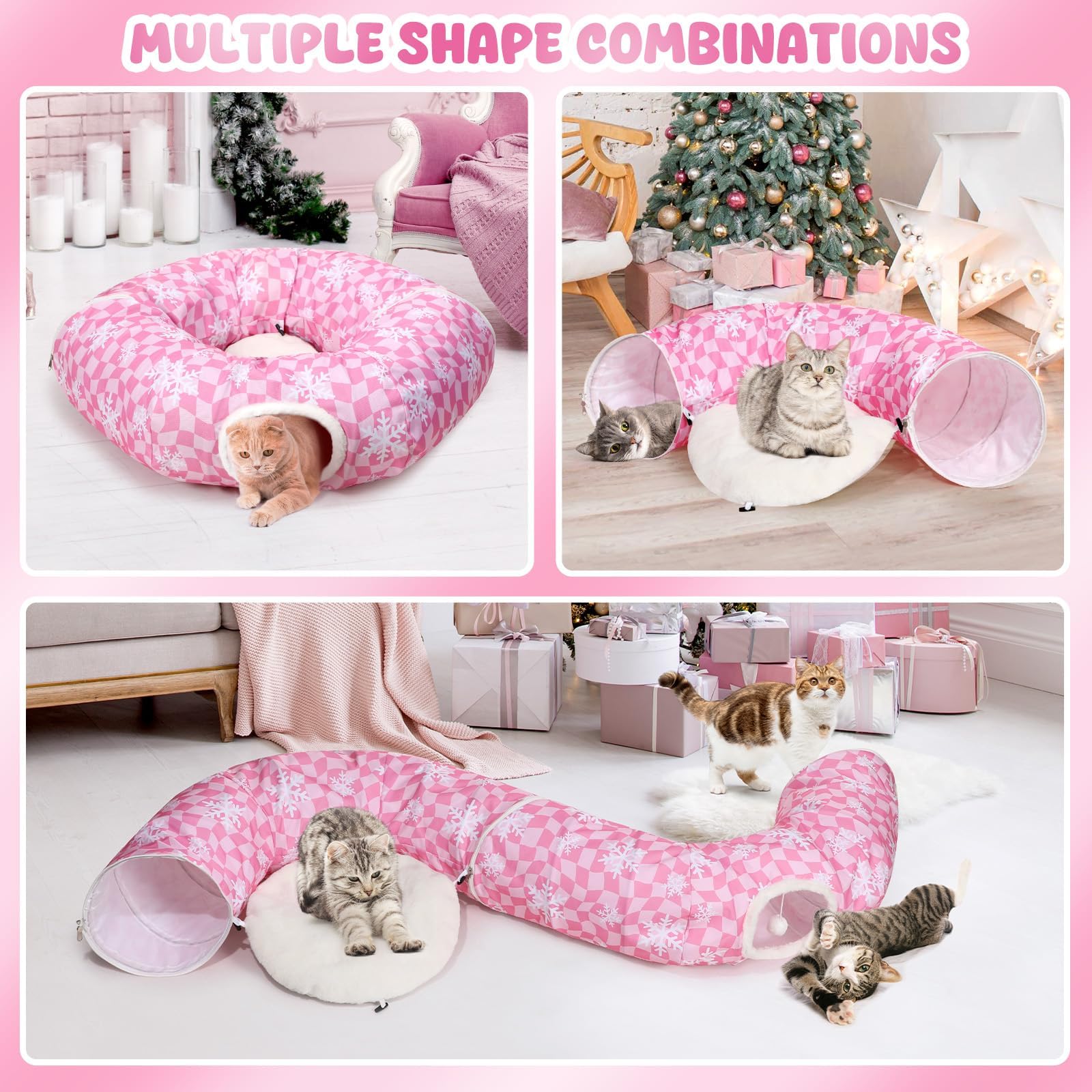 Pink Cat Tunnel Bed Peekaboo Cat Cave Donut Under Christmas Tree Pink Checker With Snowflakes Festive Decor Perfect For Small Me