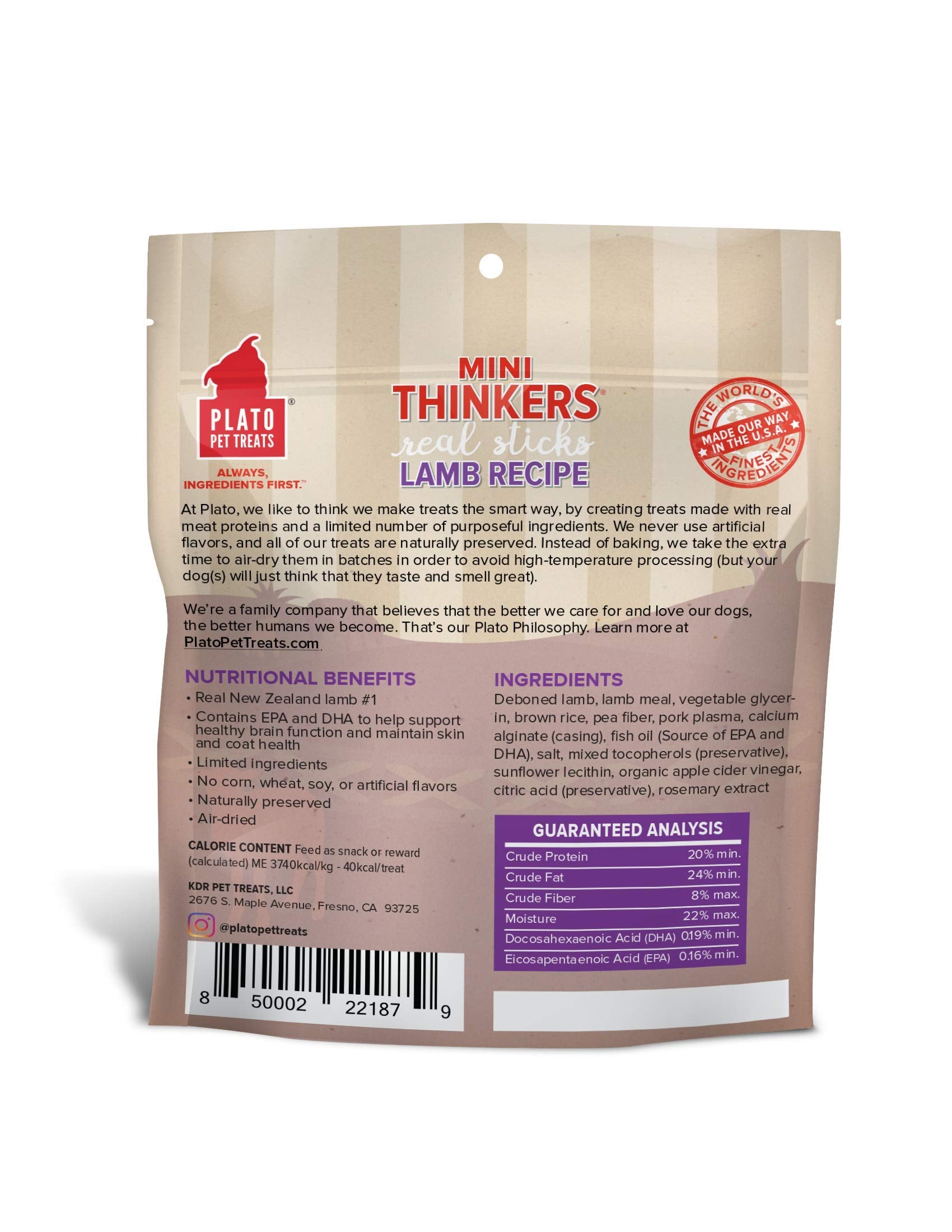 Plato Pet Treats Air Dried Dog Treats Lamb Mini Thinkers Sticks, Natural Dog Treats, Real Meat, Air Dried, Made in the USA, 3oz