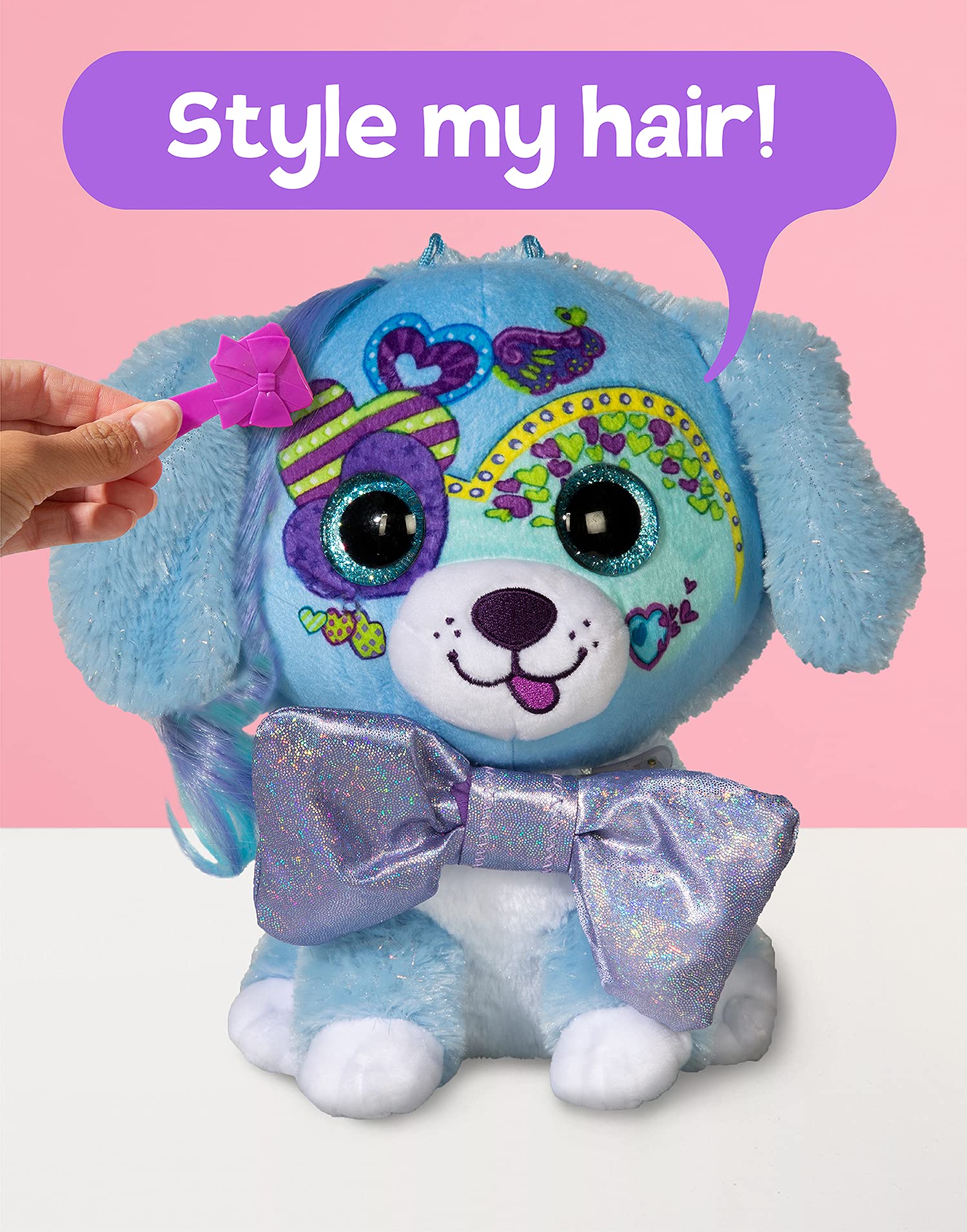 Little Bow Pets Stuffed Animals - Large Soft Fluffy Plush Blue Puppy Dog Heart Bow Pet With Purple Sparkle Surprise Bow - 2 Surprise Toys Inside Bow