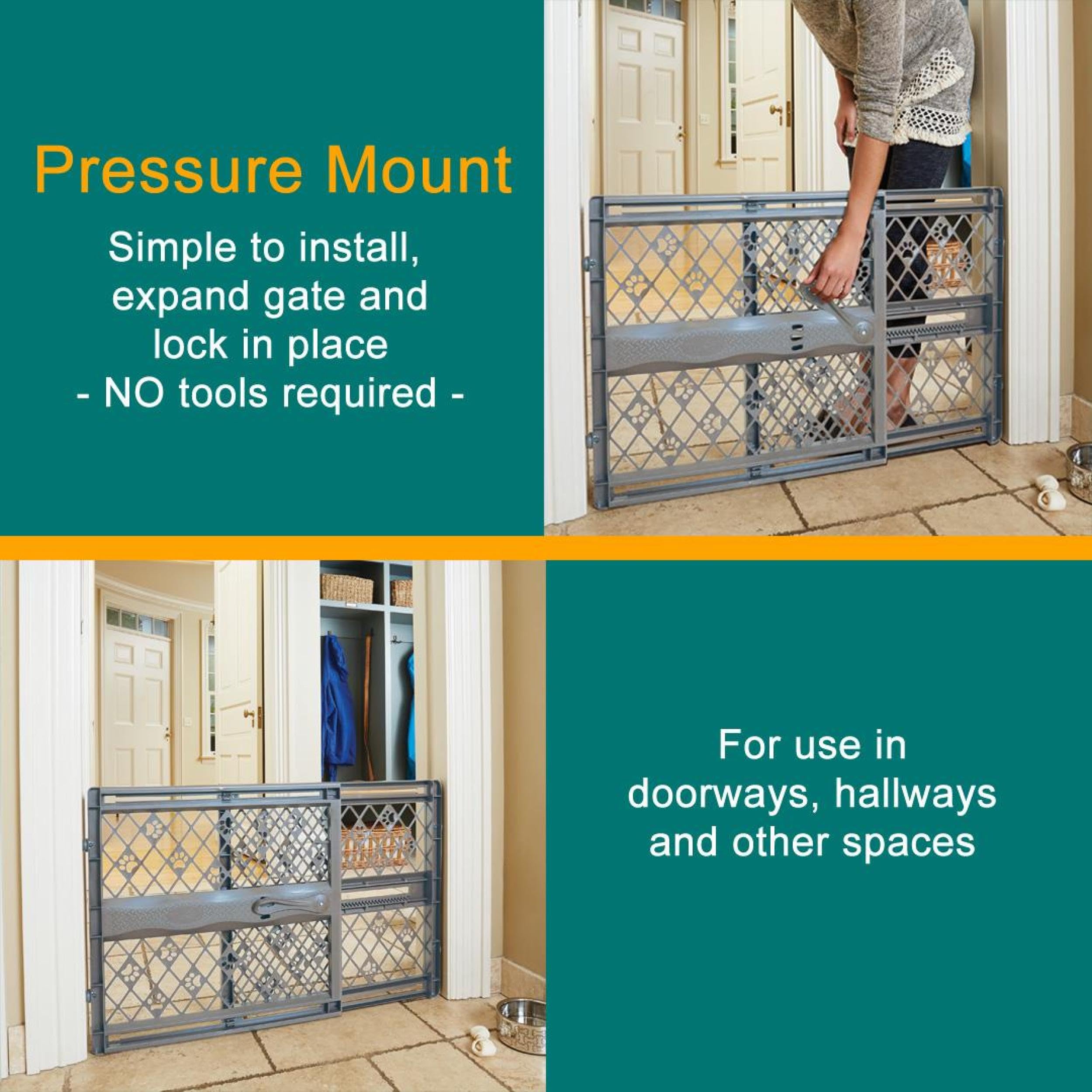 Mypet North States Paws Portable Pet Gate: 26-40' Wide. Pressure Mount. No Tools Needed. Made In Usa. Dog Gate 23' Tall, Expandable, Durable Dog Gates For Doorways, Fieldstone Gray