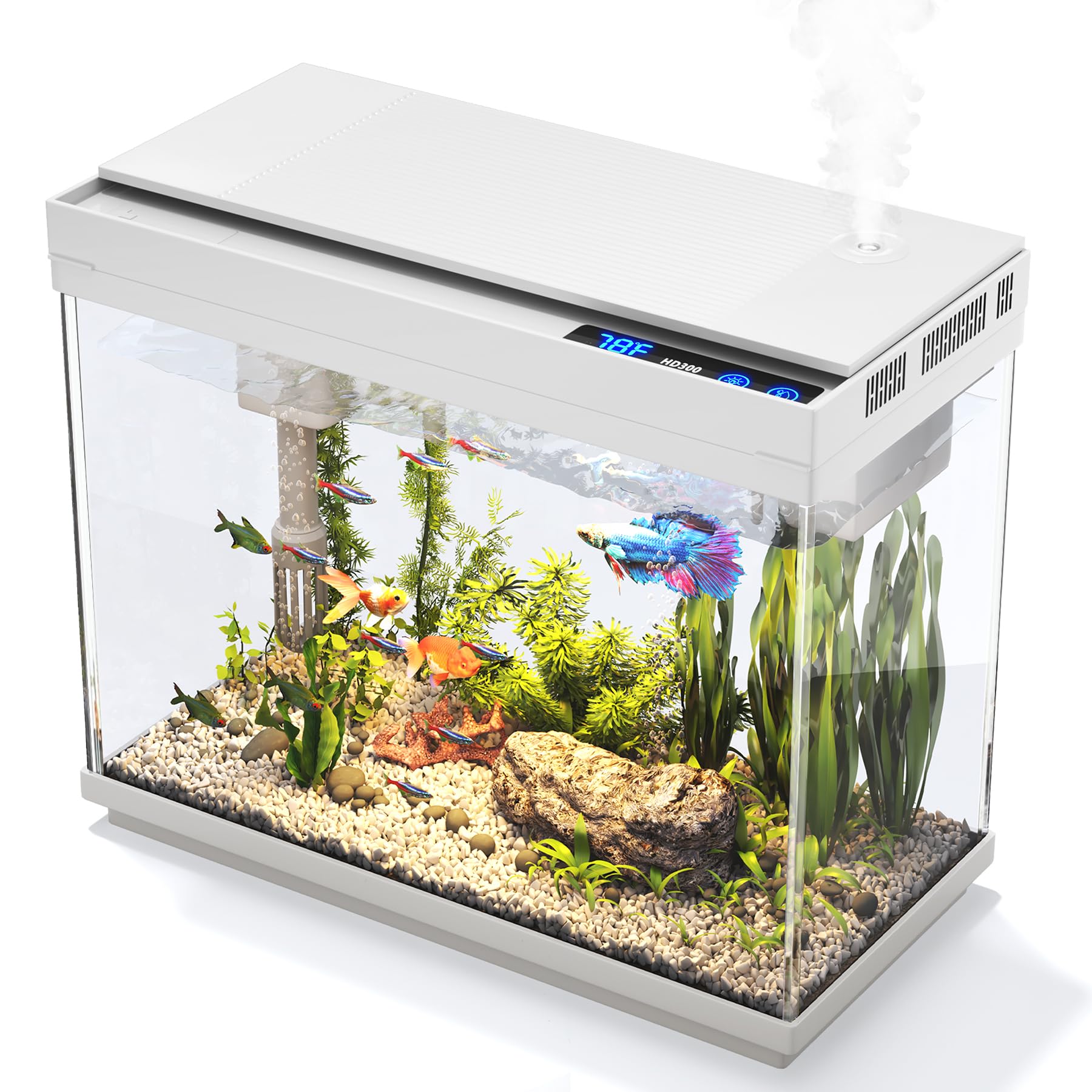 Vehipa Fish Tank 2.4 Gallon Aquarium Kit with Humidifier 7-Color Auto-Looping 3 in 1 Quiet Pump with Filteration & Oxygenation &