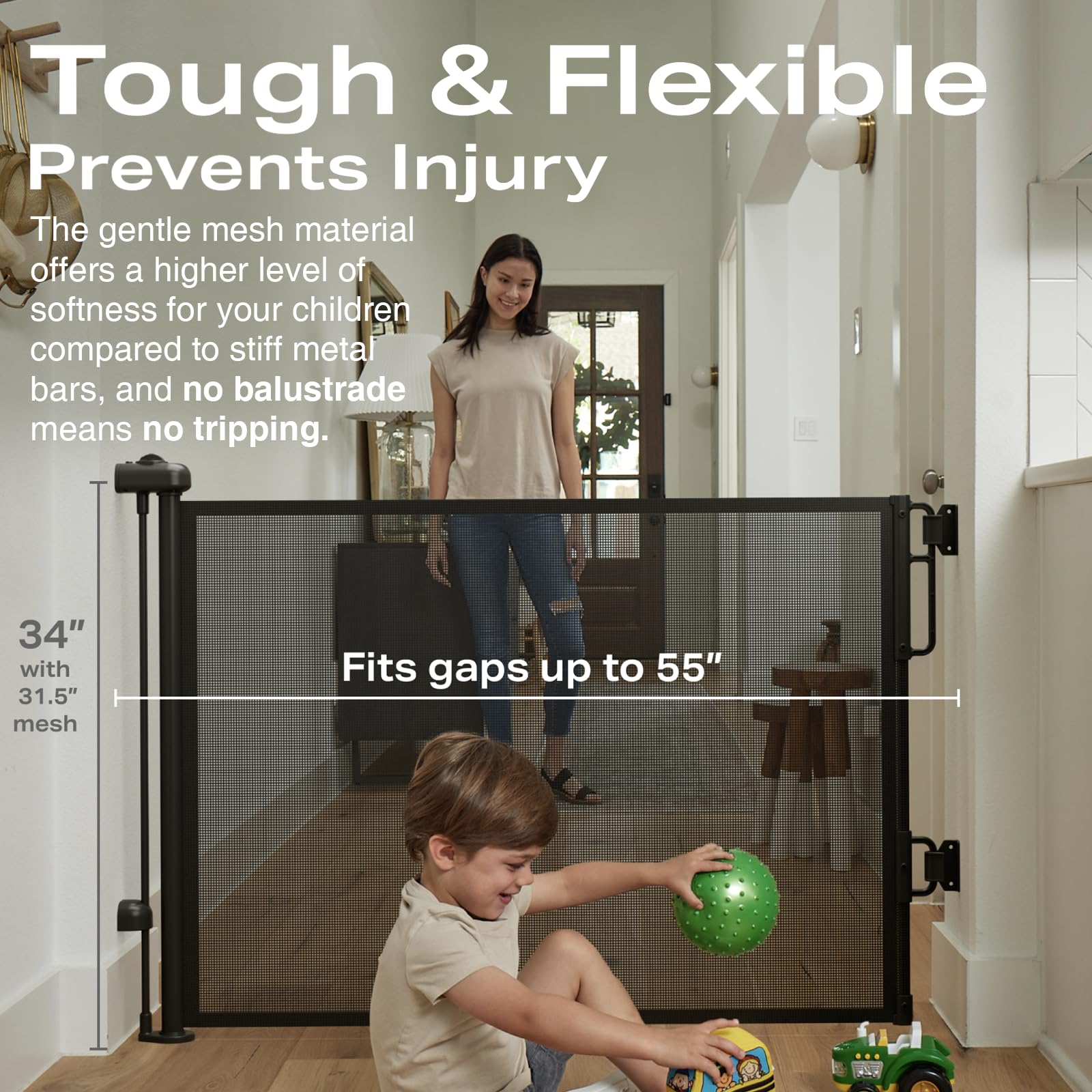 Cumbor Retractable Baby Gates For Stairs, Mom Choice Award Winner-55 Wide Mesh Dog Gate For Doorways, 34' Tall Easy To Use Pet Fence For The House, Toddler Safety Essentials Indoor&Outdoor, Black