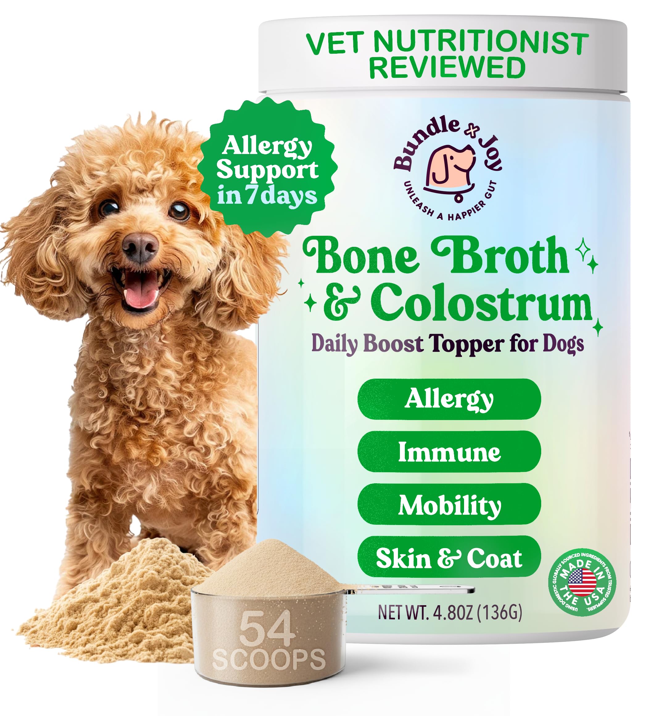 Bundle x Joy Beef Bone Broth Powder for Dogs Daily Boost Powder with Colostrum for Dogs Immune Support & Allergy Relief, 4.8 oz,