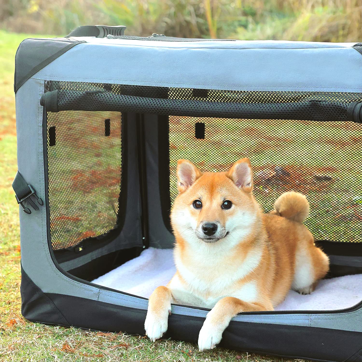 Pettycare 30 Collapsible Dog Crate for Medium Dogs - 4-Door Soft Kennel with Chew-Proof Mesh Windows, Grey Indoor & Outdoor Use