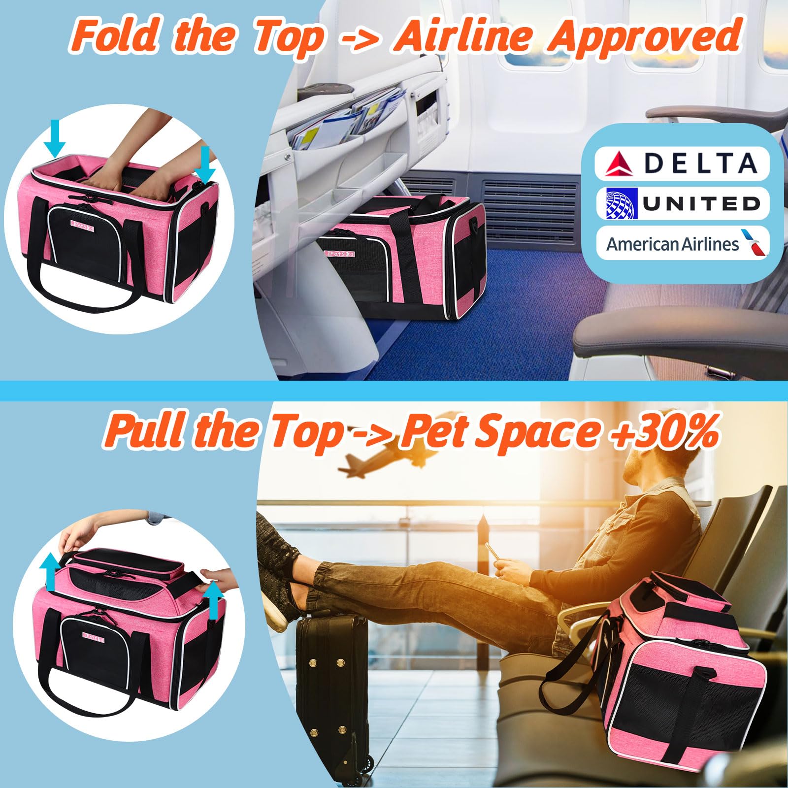 Petskd Top-Expandable Pet Carrier 18X11X11 Inches Delta American United Airline Approved, Soft-Sided Carrier For Small Cats And