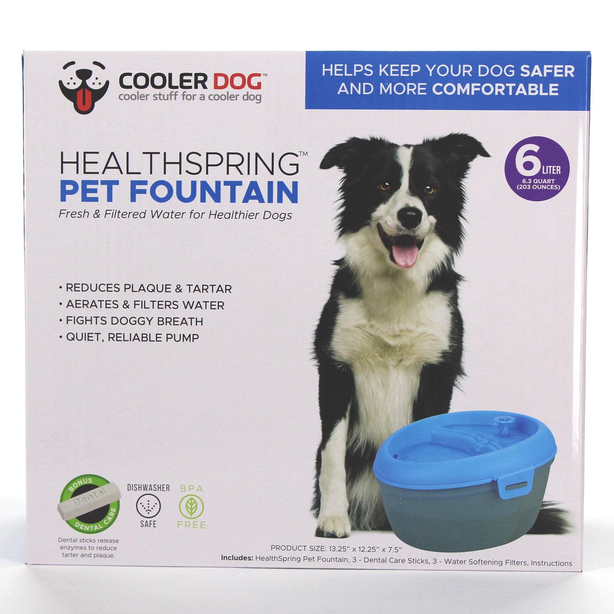 CoolerDog Dog Water Fountain - 6L Ultra Quiet Filtered Pet Fountain, Grey, Model CDHPF-6L, Encourages Hydration