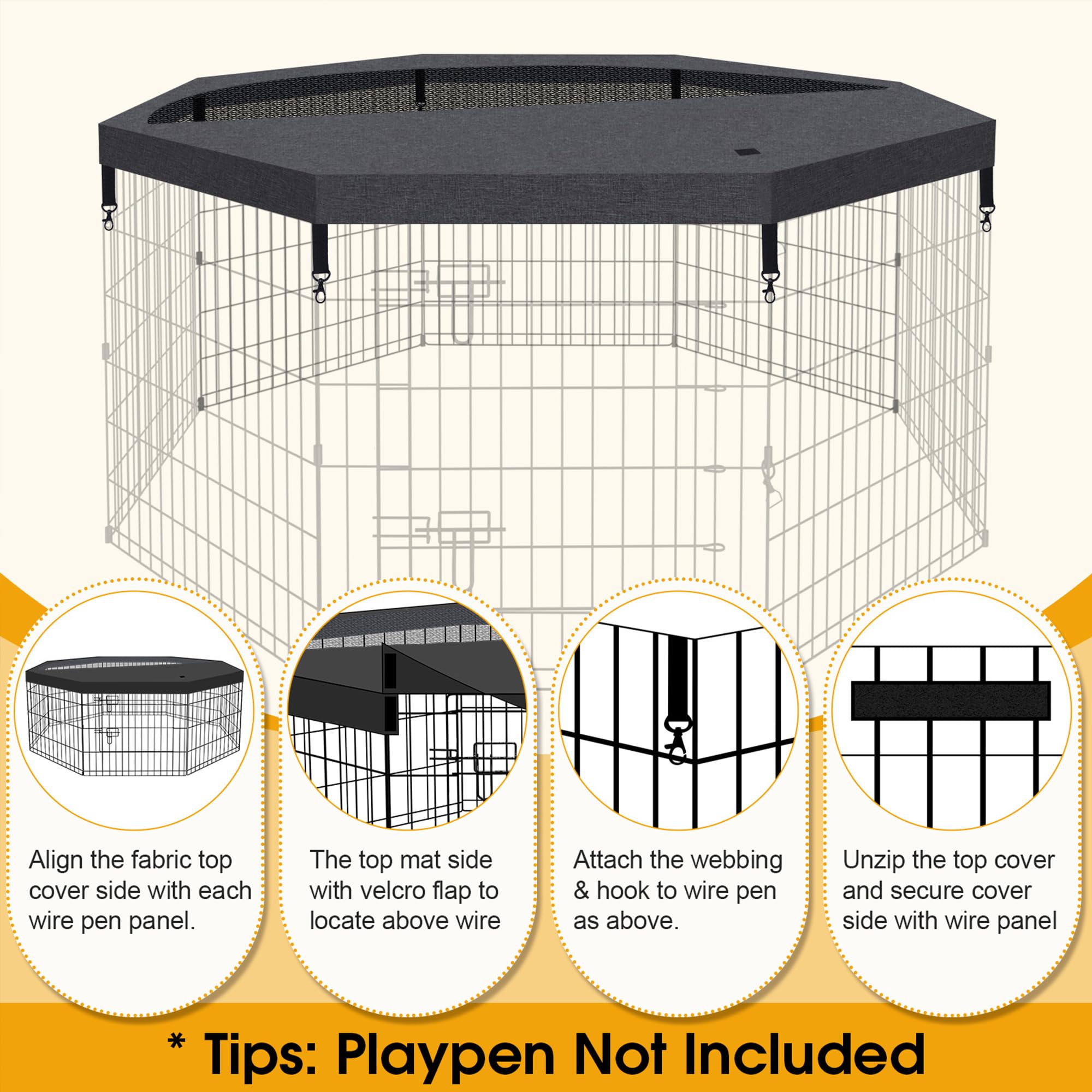 Dog Pet Playpen 8 Panel 24 Inch Top Cover For Small Medium Pets Indoor Outdoor (Only Cover,Playpen Not Included)(Black Top Cover