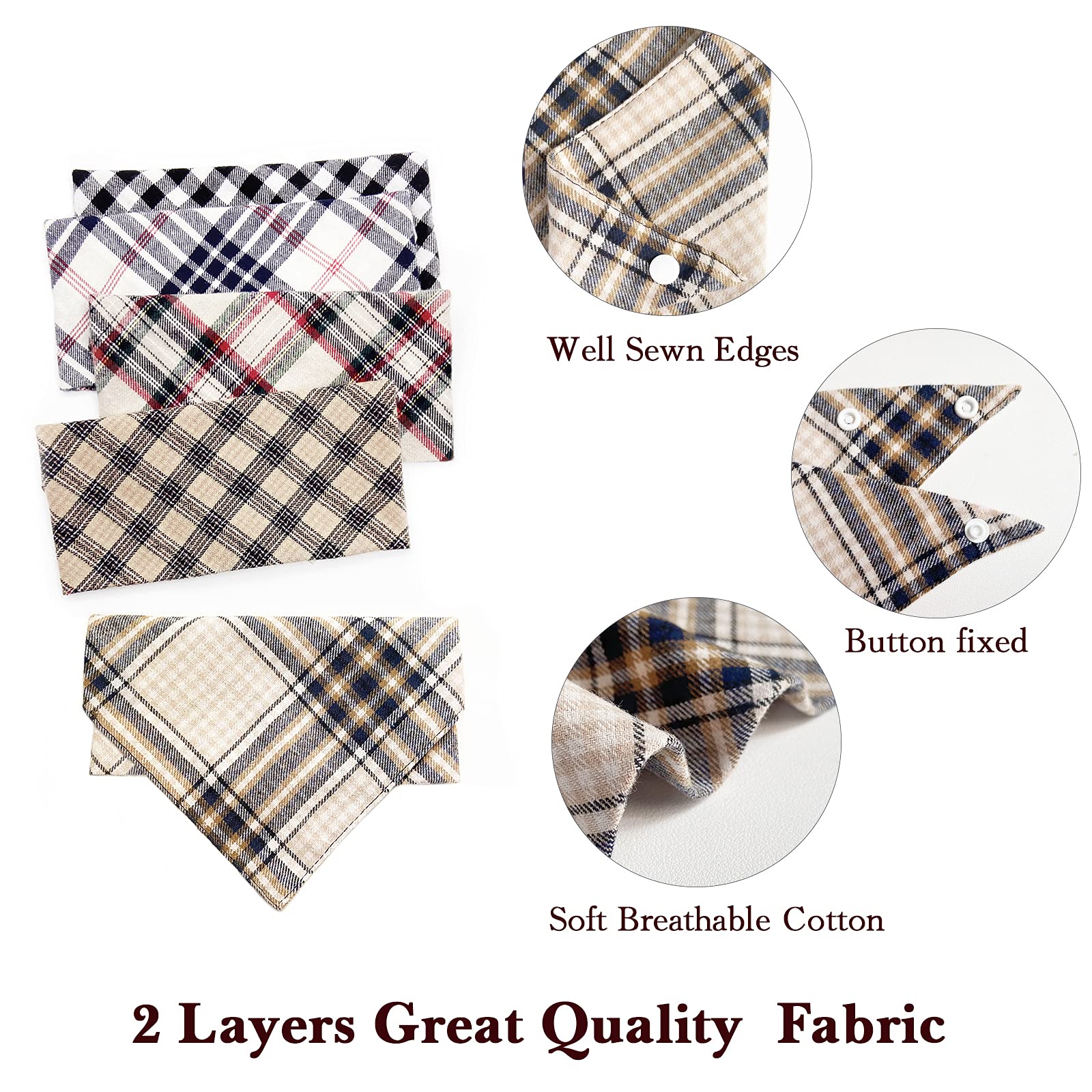 5Pcs Dog Bandanas With Button - Thick Triangle Bibs Dual Layer Soft Cotton Scarves For Small Medium Boy Girl Puppy Cat Pet Baby Square Plaid Printing Washable Kerchief Halloween Costumes Outfits