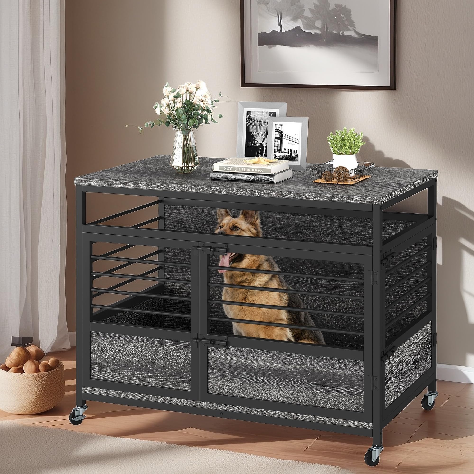 YITAHOME 39 Dog Crate Furniture with Wheels, Farmhouse Decorative Wood Dog Cage End Table Chew-Resistant Wooden Dog Kennel Indoo