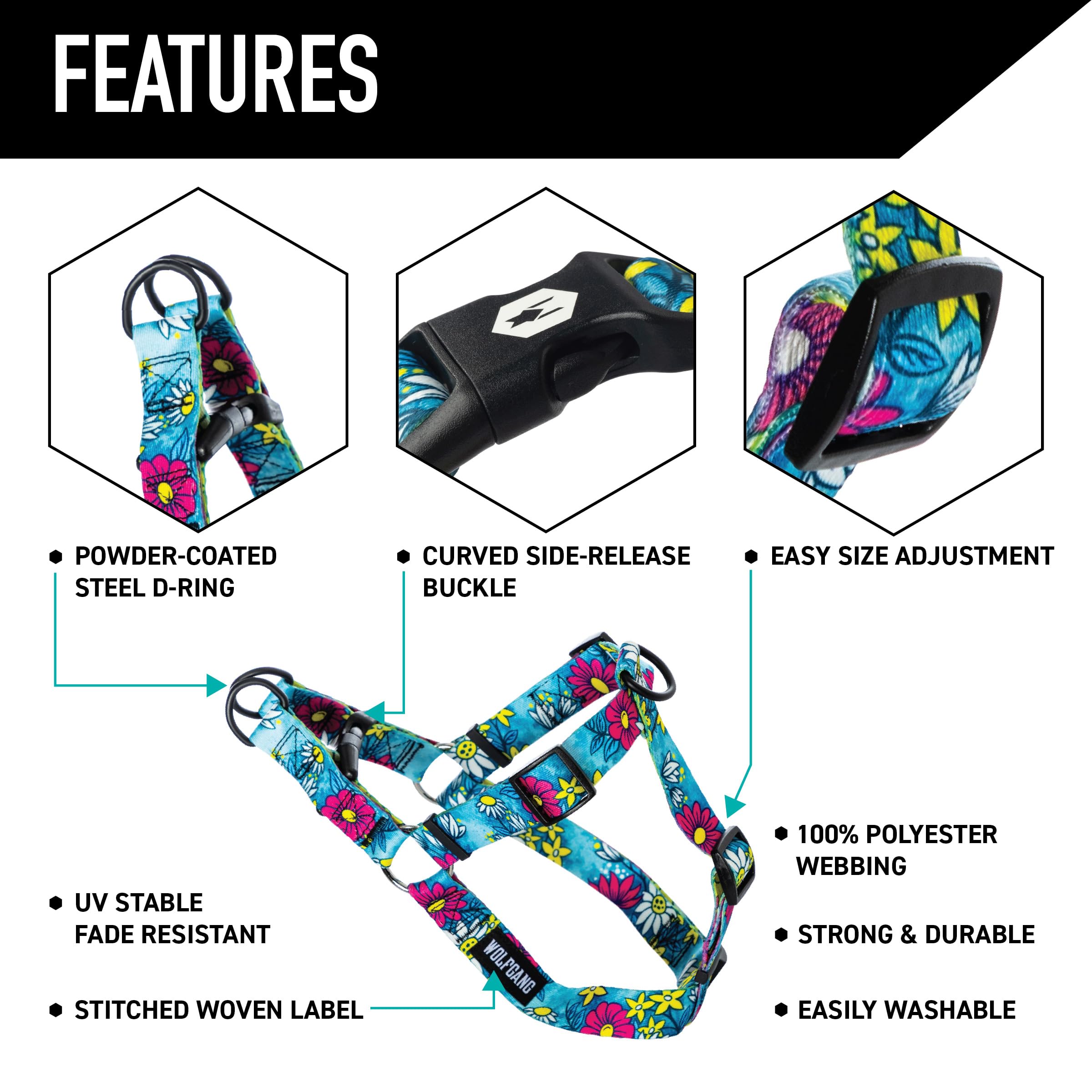 Wolfgang Heavy Duty Adjustable Dog Harness, Pull-Tested for Walking & Training, LazyDaisy Print, Large