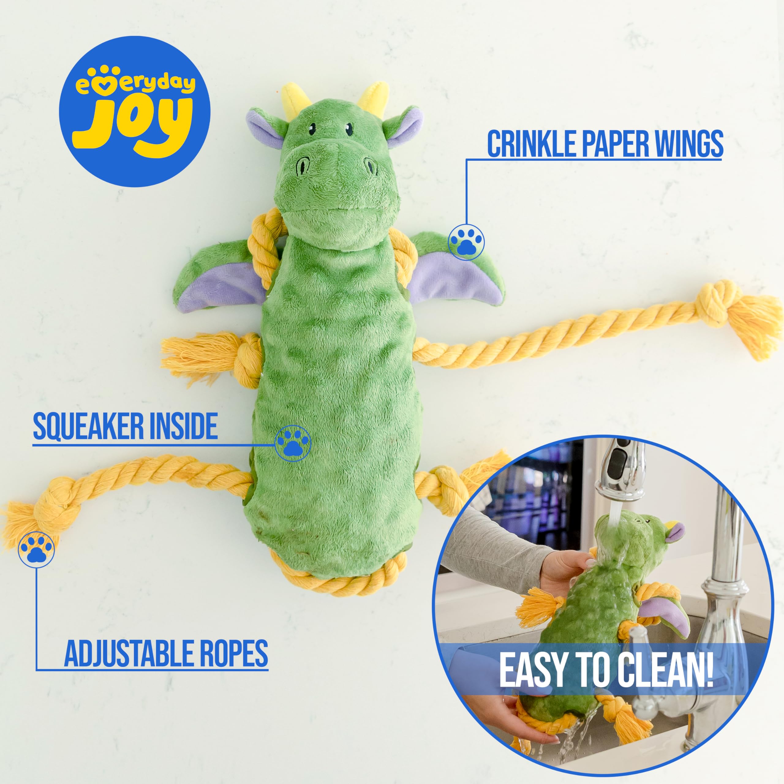 Everyday Joy Squeaky Dog Stuffed Animals Chew Toy, Crinkle Paper Tug Of War Rope Plush Dog Toy, Soft Tough Squeaker Dog Entertai