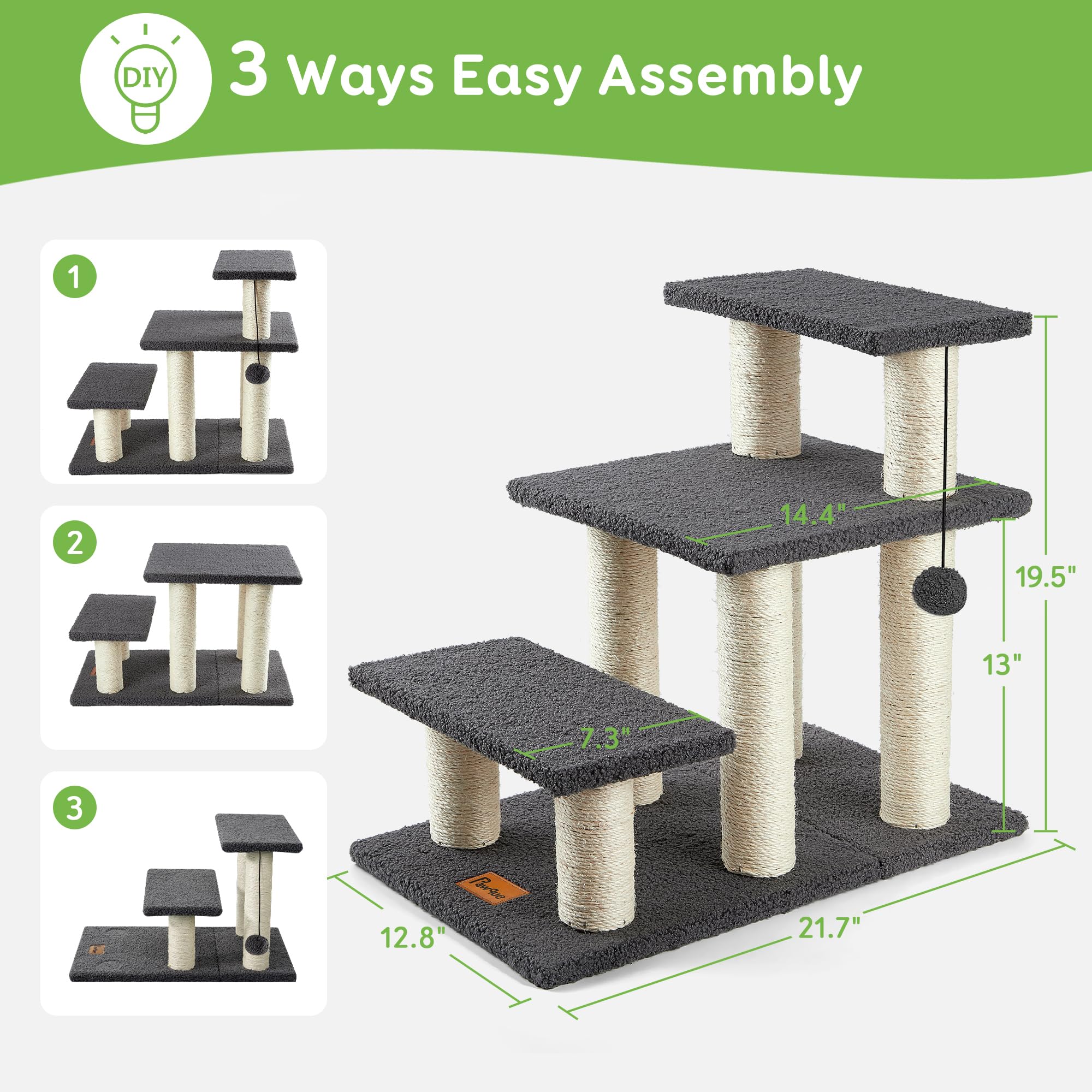 Pawque Dog Stairs & Cat Scratching Post, 3-Steps, Grey, Holds up to 150 lbs, High-Strength Boards for Small Pets