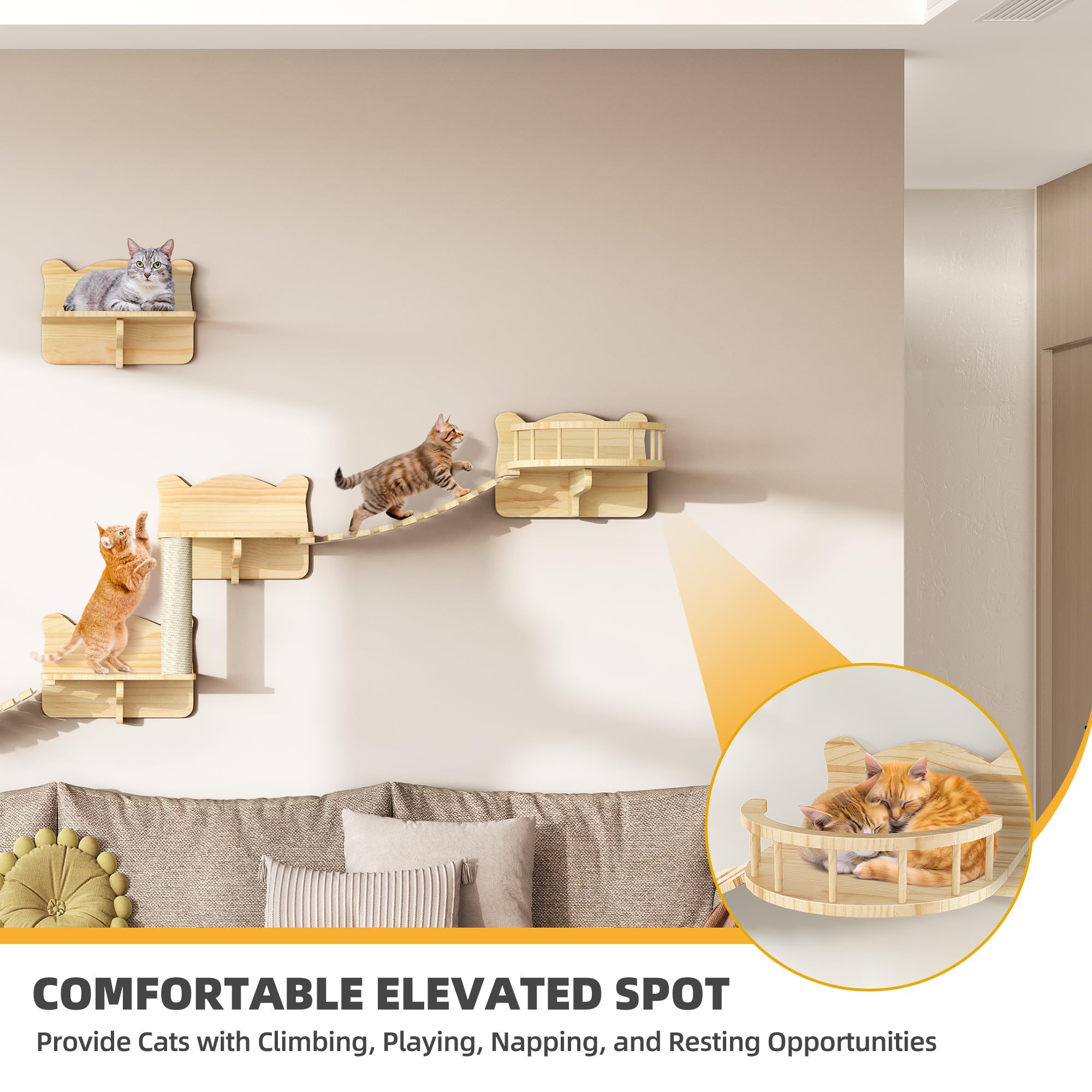 Homiflex Cat Wall Shelves Set of 9, Burlywood Wooden Cat Furniture with Scratching Post, House, Condo, Bridge Ladder for Multiple Cats