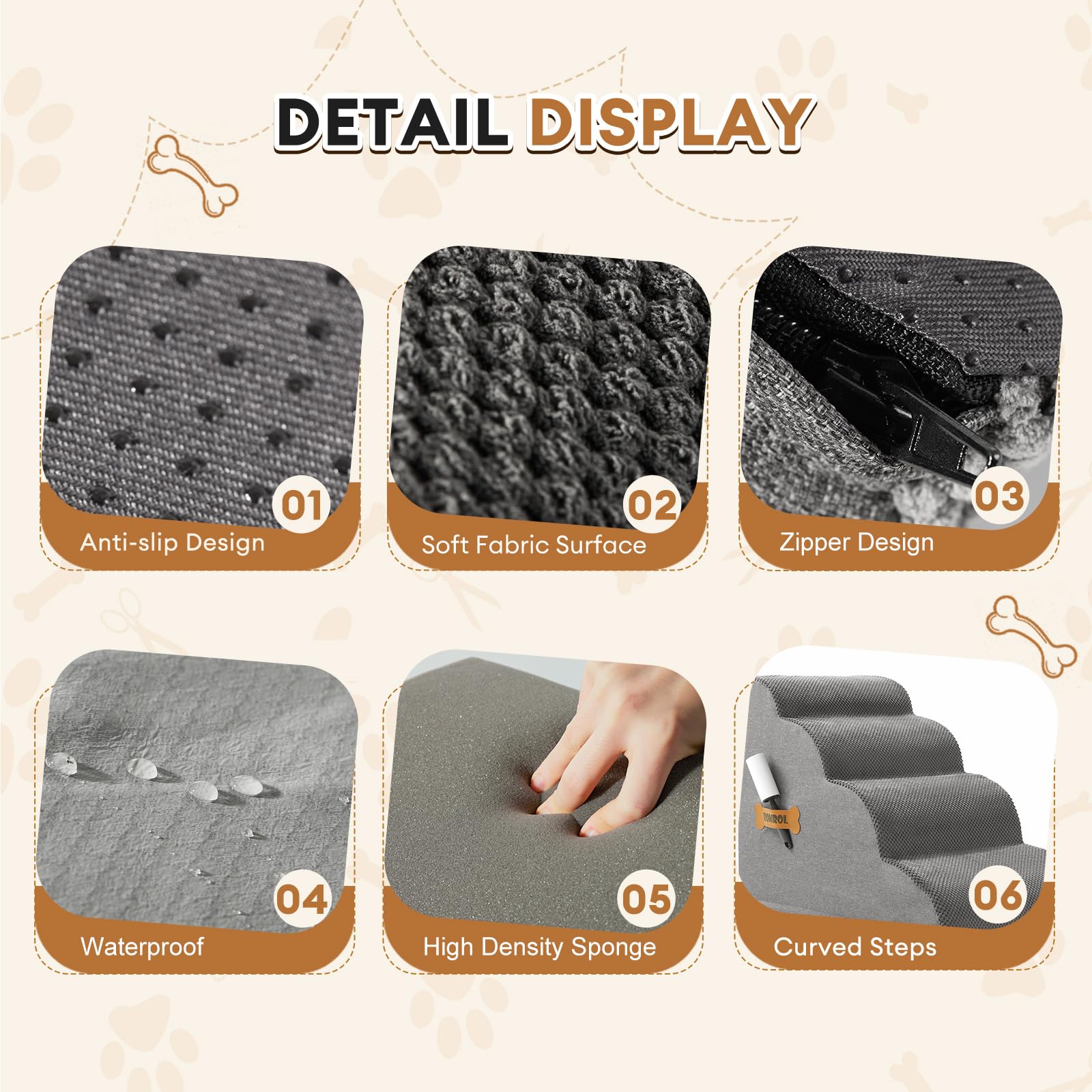 Dog Stairs, Romrol Dog Steps Ramp For High Bed And Couch, Dog Ramp With Durable Non-Slip Waterproof Fabric Cover, Pet Stairs For