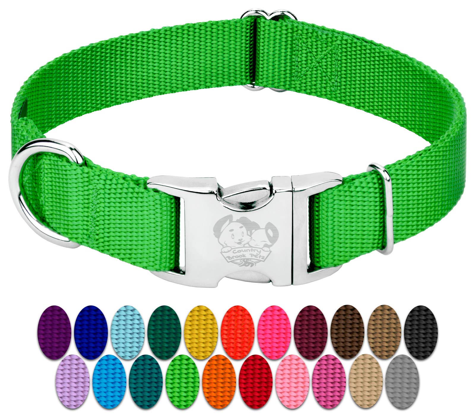 Country Brook Design - Vibrant 30+ Color Selection - Premium Nylon Dog Collar With Metal Buckle (Large, 1 Inch Wide, Hot Lime Green)