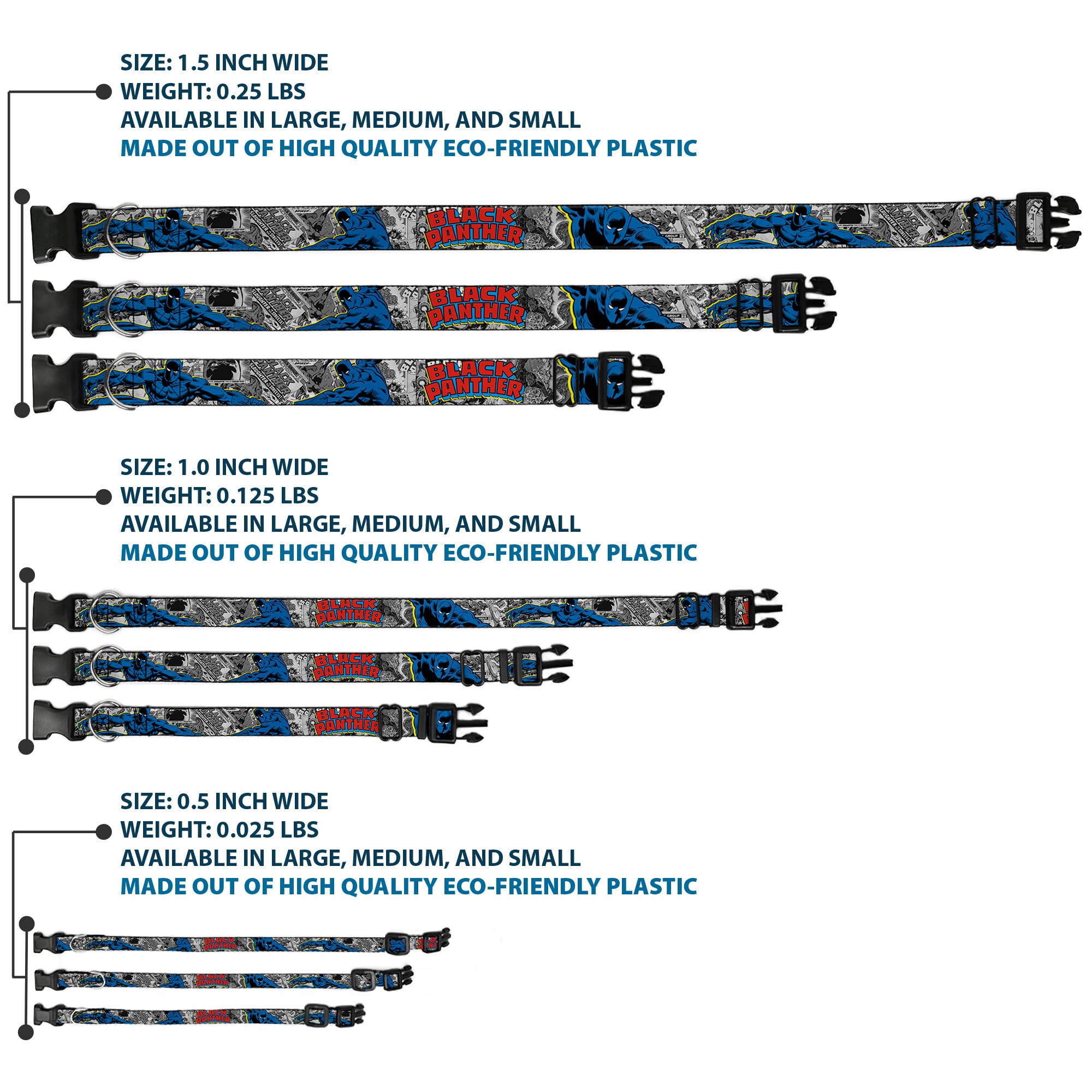 Buckle-Down 'Black Panther Action Poses/Stacked Comics Grays/Yellow/Blue/Red' Plastic Clip Collar, 1/2' X 9-15'/Large
