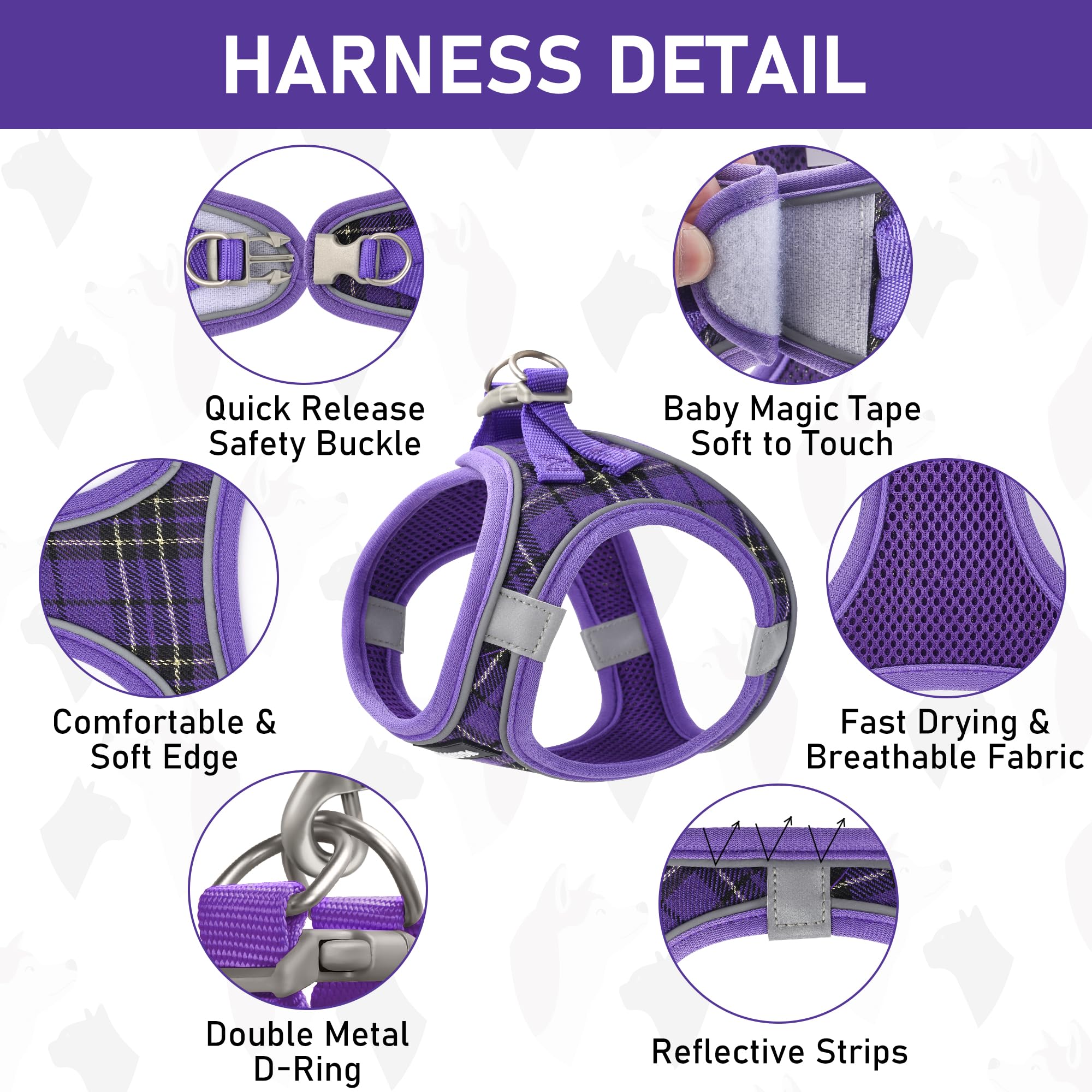 GAMUDA Small Dog Harness Collar and Leash Set, Step in No Chock No Pull Soft Mesh Adjustable Dog Vest Harnesses Plaid Reflective