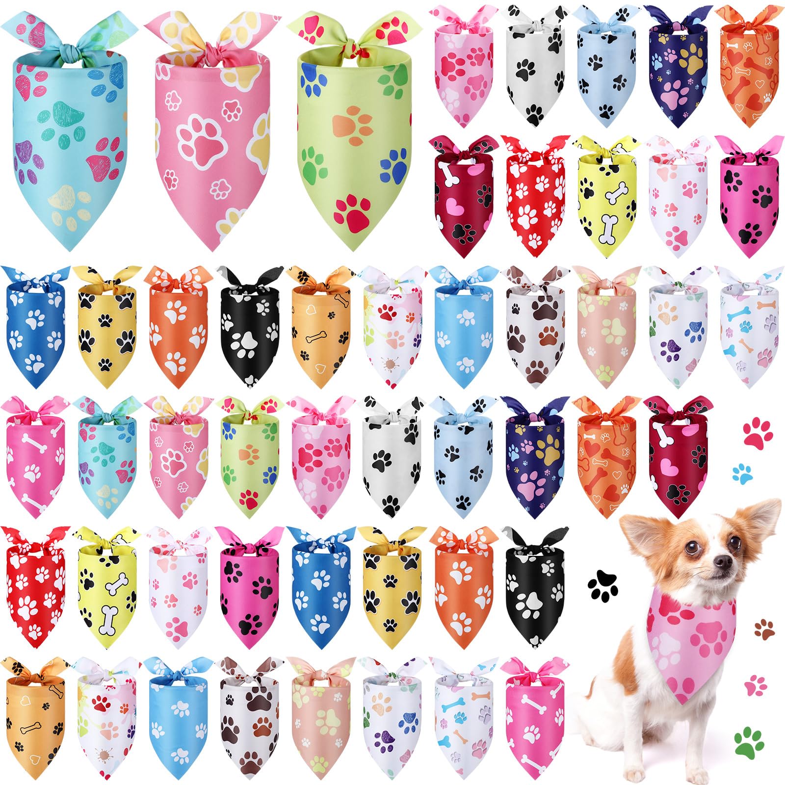 Abbylike 50 Pcs Paw Print Dog Bandanas Bulk Cute Footprint Bandanas for Dogs Triangle Kerchief Bib Scarf for Pets Halloween Part