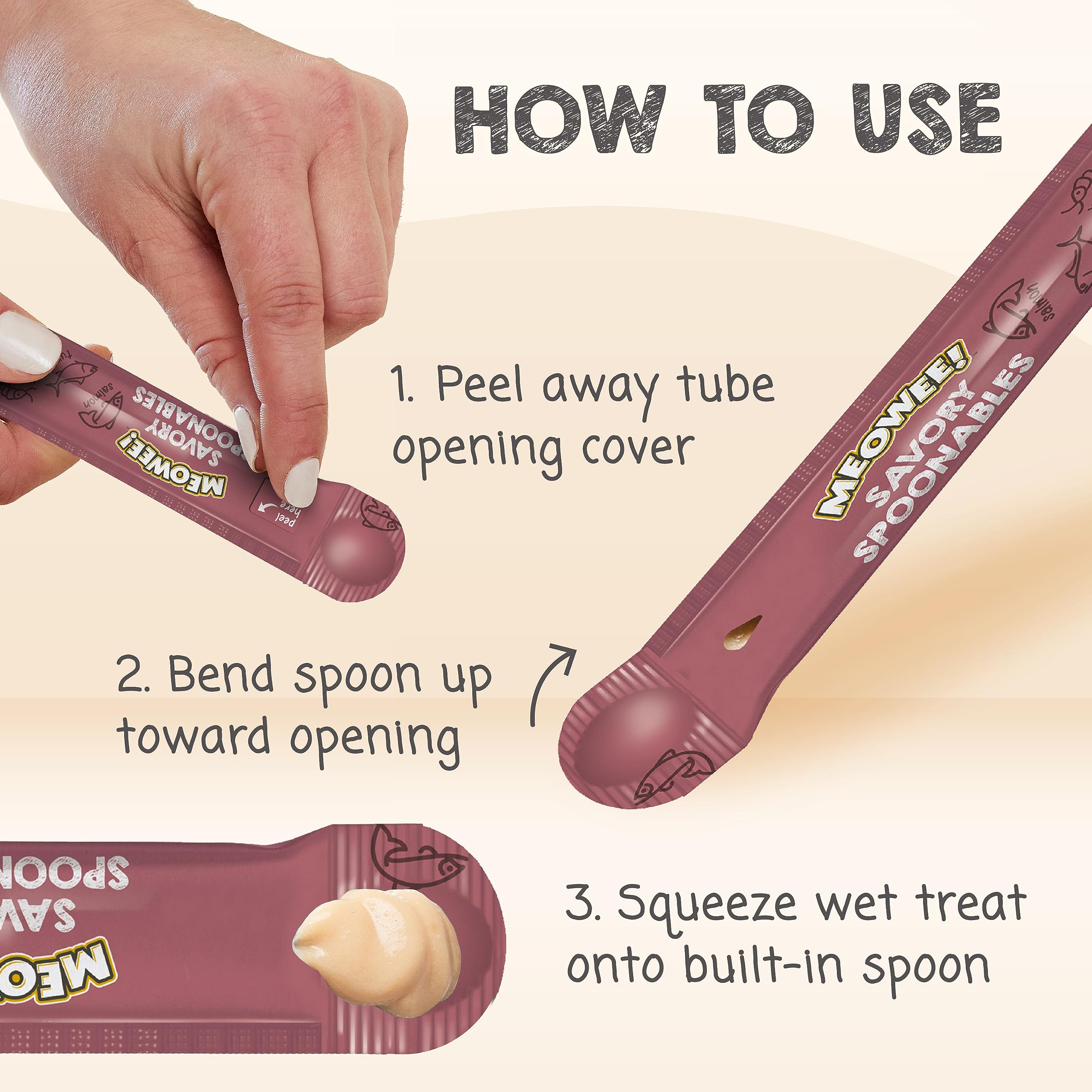 MEOWEE! Savory Spoonables with Real Salmon, Tuna & Krill, 8 Count Tube, Triple Flavor Squeezable Lickable Wet Treats for Cats wi