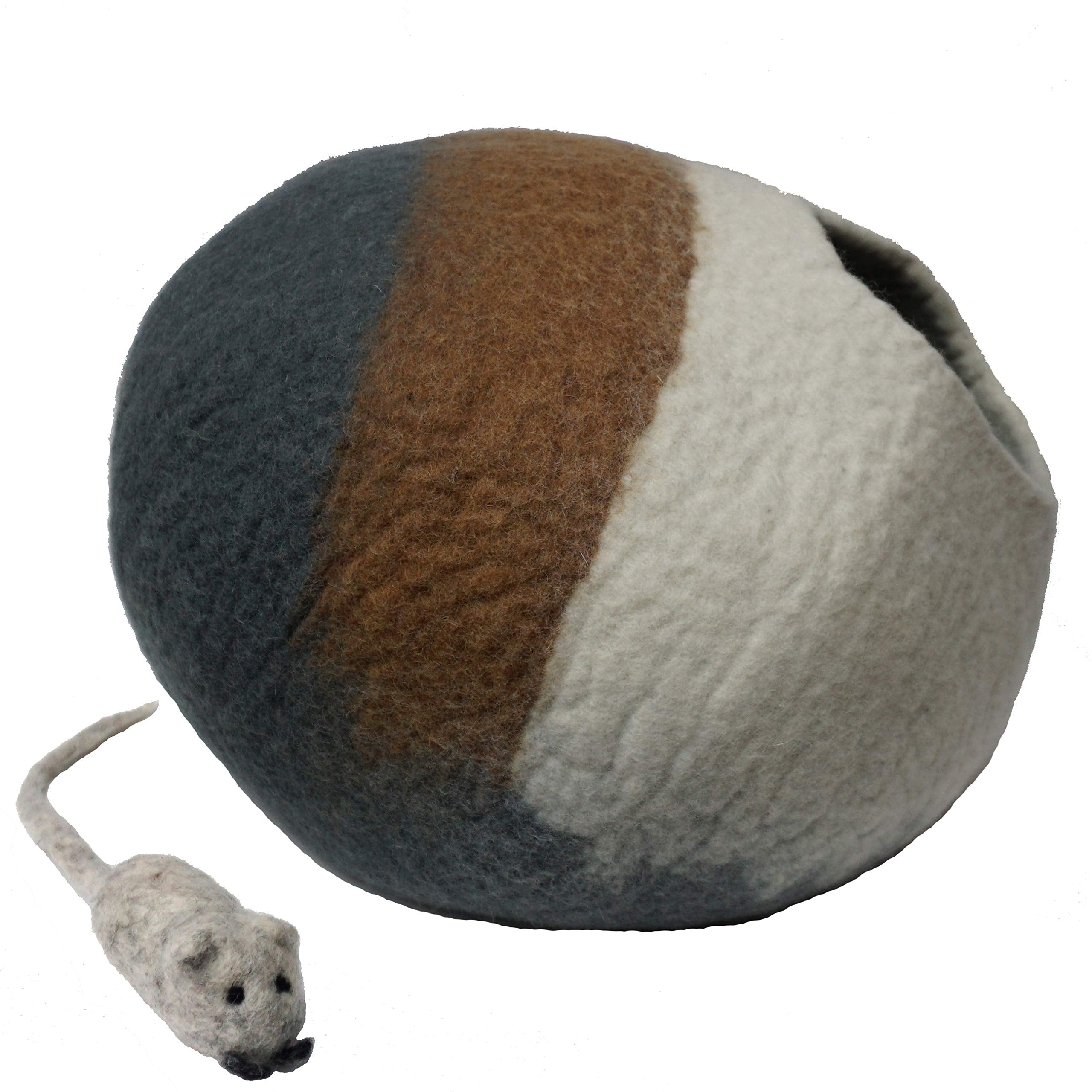 Mokoboho 100% Wool Felt Cat Cave Bed Handmade In Nepal With Free Mouse Toy Included (Gray/Tan/Cream)