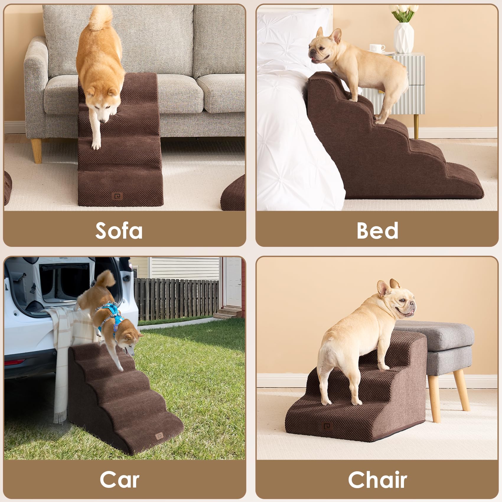 Eheyciga Curved Dog Stairs Ramp For High Beds 22.6' H, 5-Step Dog Steps For Small Dogs And Cats, Pet Stairs For High Bed Climbing, Non-Slip Balanced Pet Step Indoor, Brown