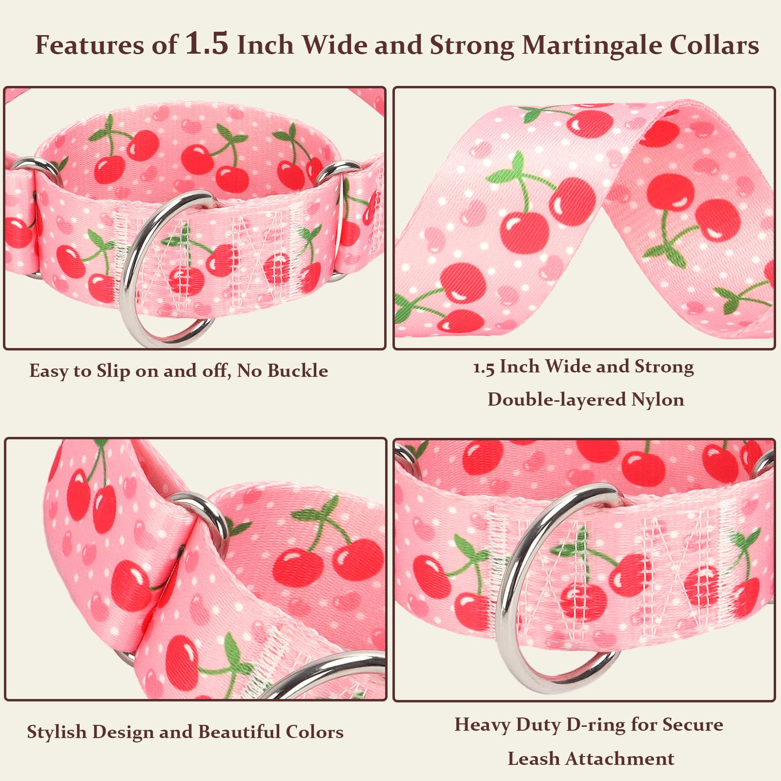 Martingale Dog Collar 1.5 Inch Wide - Pink Cherry Blossom Adjustable Nylon No-Pull Training Collar For Large Dogs, Secure Design