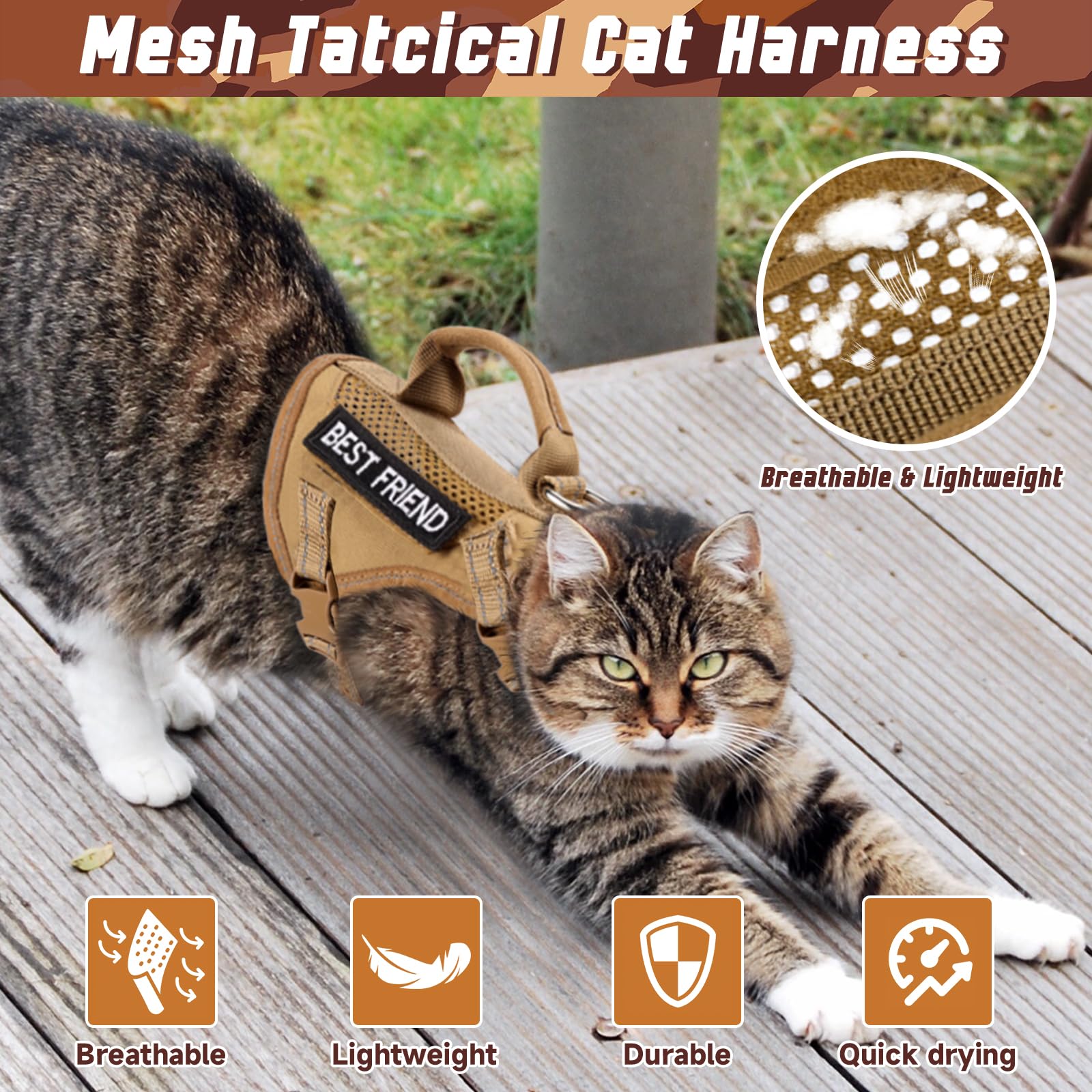 Salfse Large Tactical Cat Harness With Handle, Air Mesh Adult Cat Walking Vest Harness Escape Proof, Reflective, Adjustbale, Bre