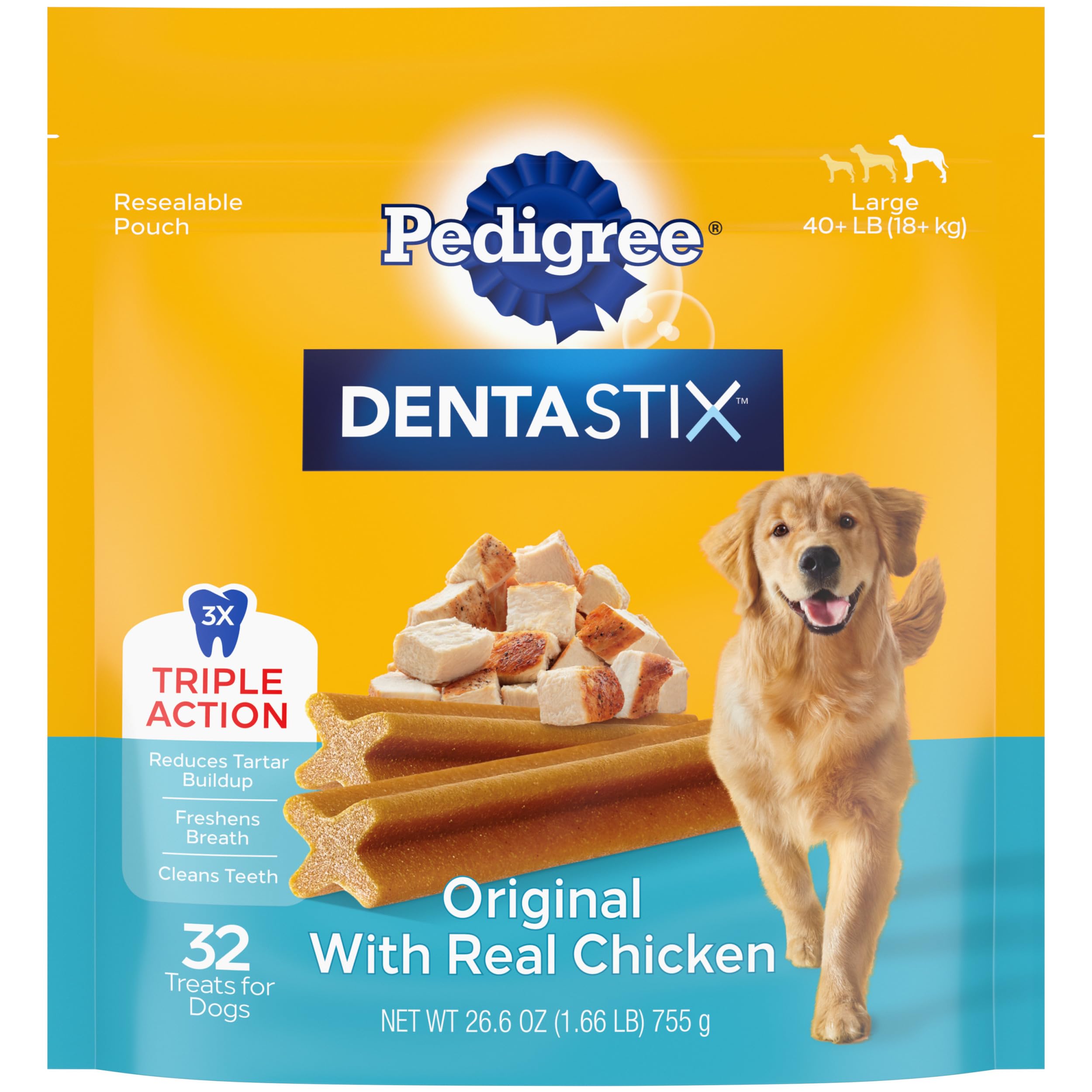 PEDIGREE DENTASTIX Large Dog Dental Treats Original Flavor Dental Bones, 1.66 lb. Pack (32 Treats)