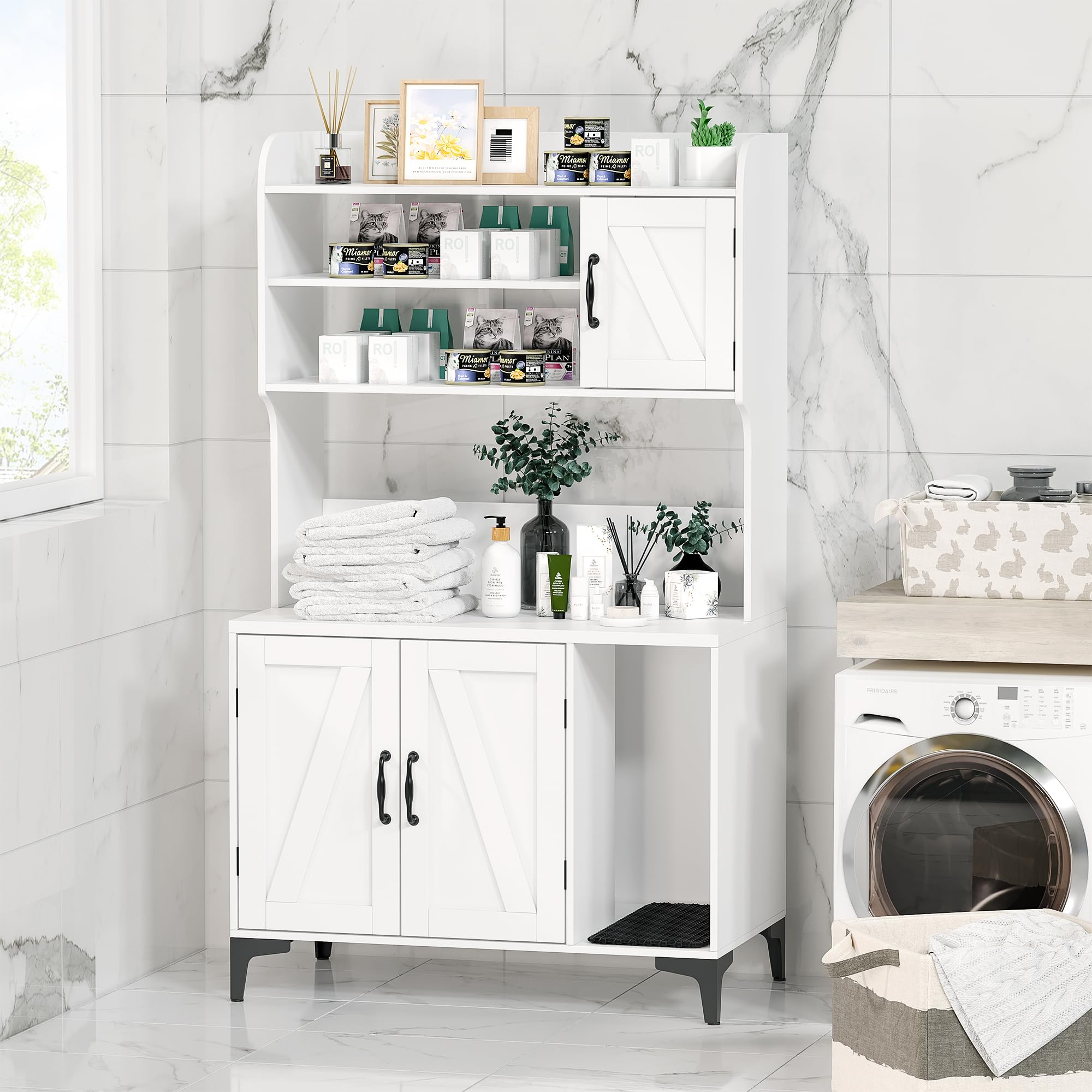 Gocaptain Cat Litter Box Furniture,Hidden Cat Box Enclosure With Shelf Storage,Cat Litter Box Enclosure, Wood Sturdy Cat Washroom Storage, Indoor Cat House Furniture, White