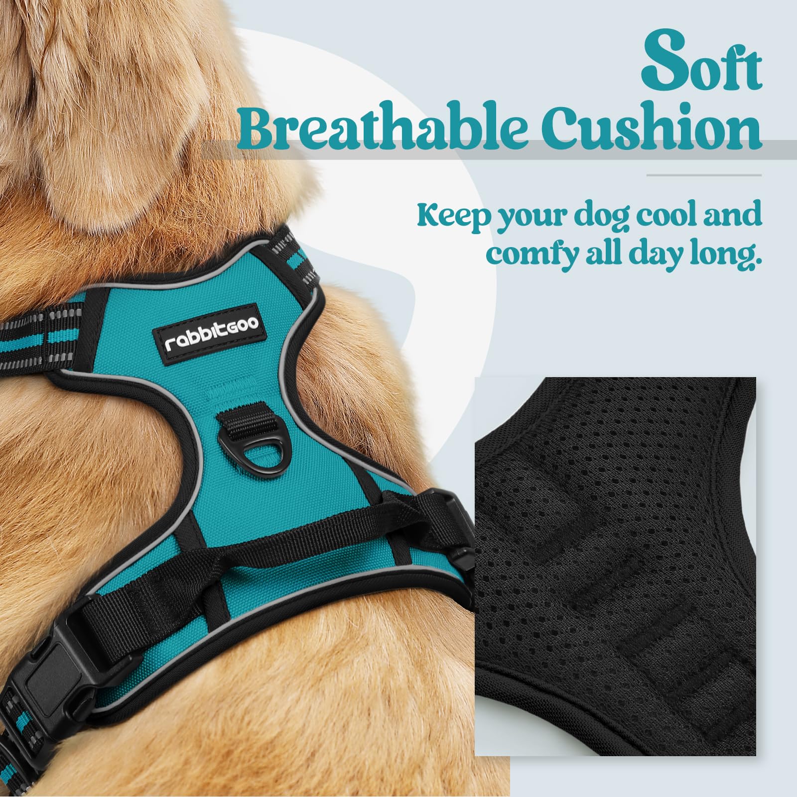 Rabbitgoo Dog Harness No Pull With 2 Leash Clips, Adjustable Soft Padded, Reflective Oxford No Choke Pet Vest With Easy Control Handle For Large Dogs, Teal, L