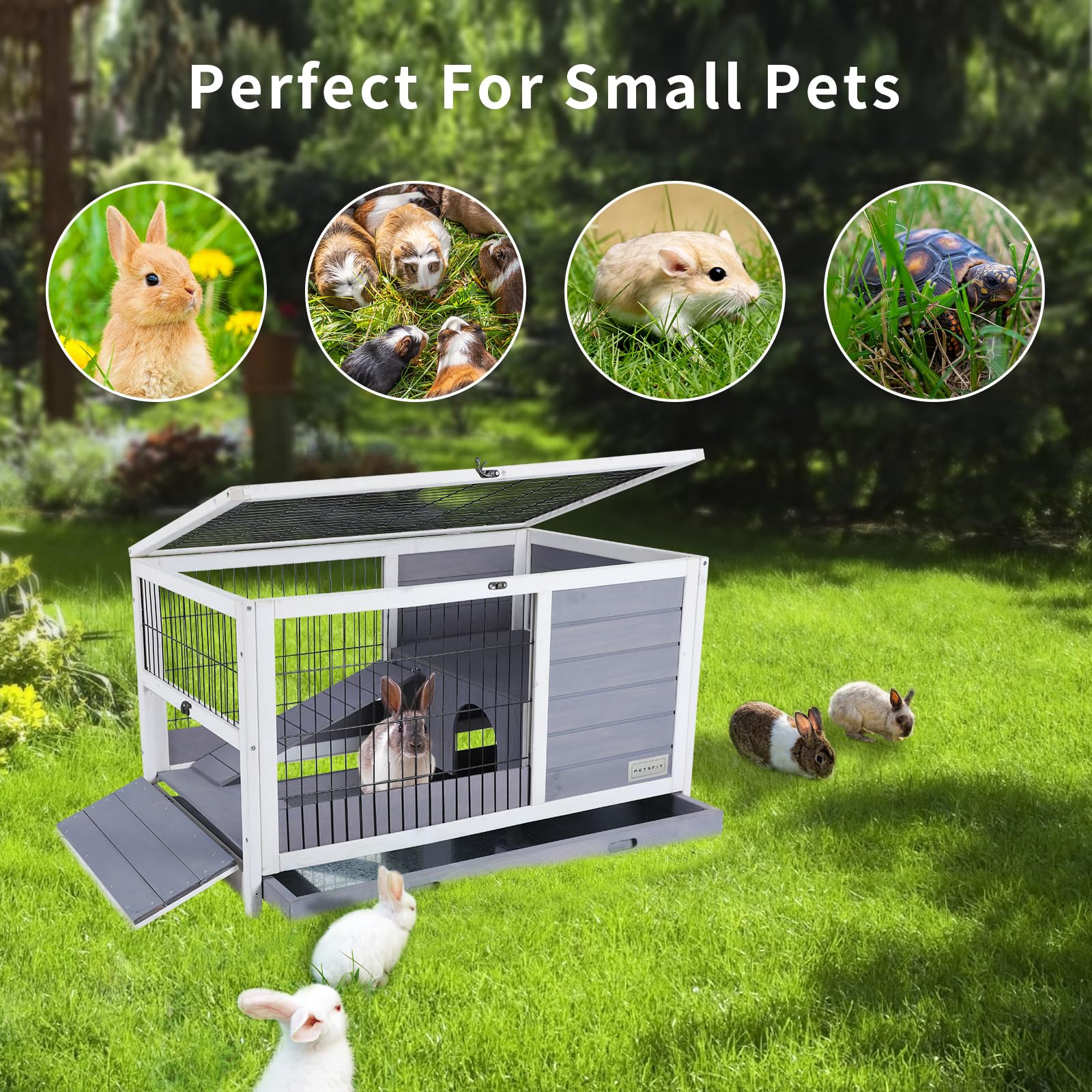 PETSFIT Guinea Pig House Leak Proof Design, Spruce Wood Rabbit Hutch with Bottom Net Hideout for Rest and Ramp for Enter and Out