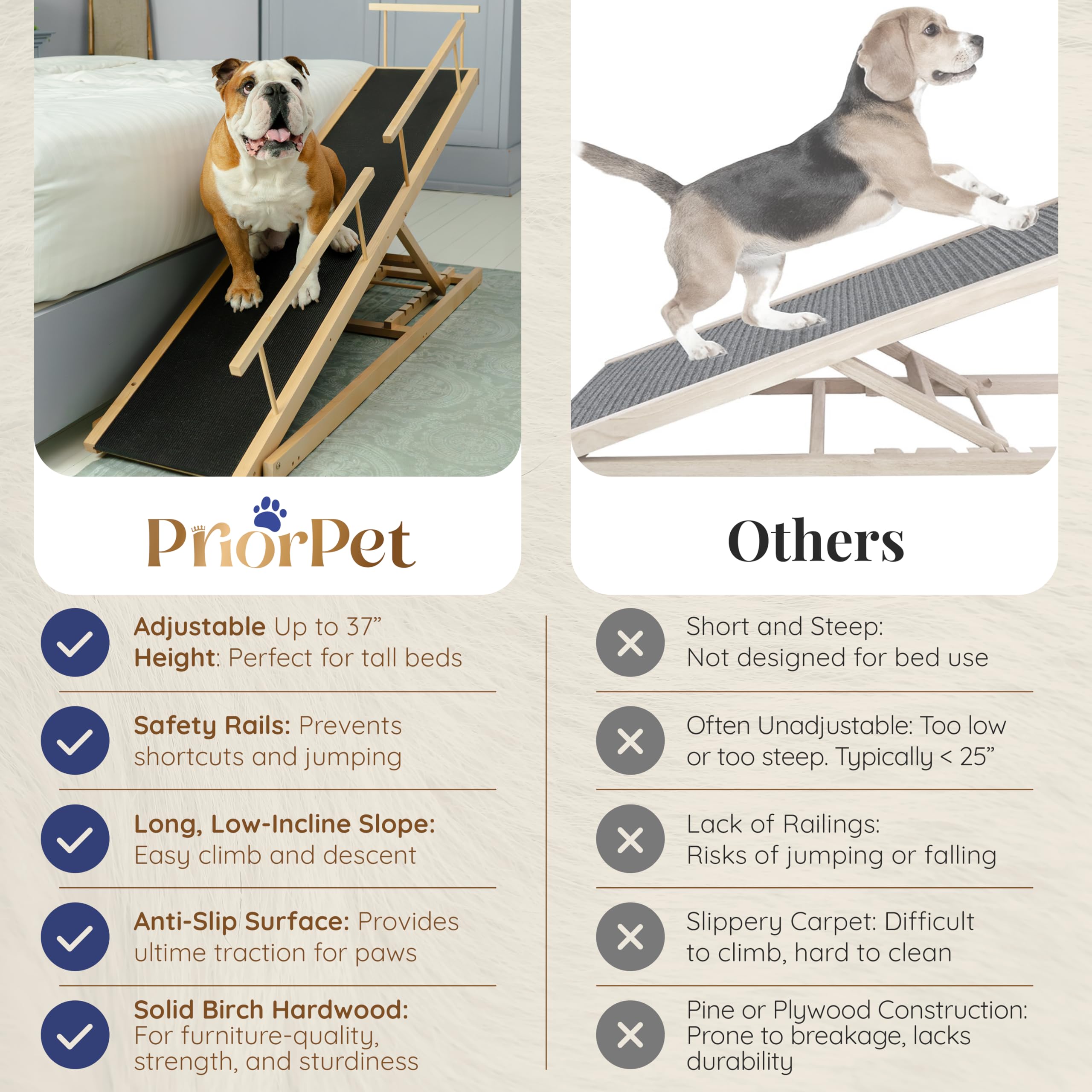 Dog ramp for Bed - PRIORPET Birchwood Adjustable Ramp for Dogs to Get on Bed: Dog ramps for High Beds up to 37 Inches - Foldable