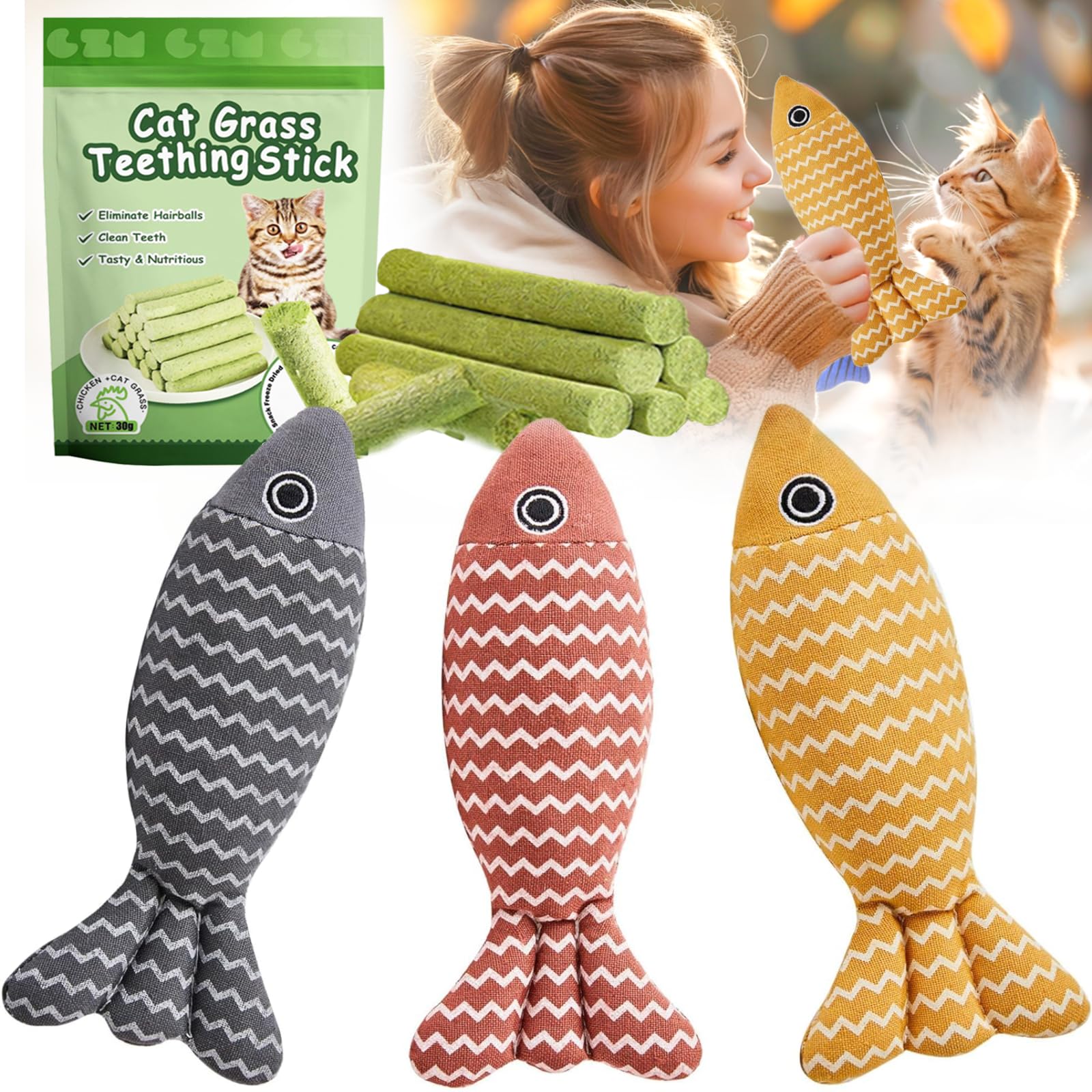 Grembeb Cat Toys For Indoor Cats 9Pcs Wavy Fish Toy Catnip Toys Cats Interactive Toys Kitten Dental Gifts Cat Kicker Grass Stick