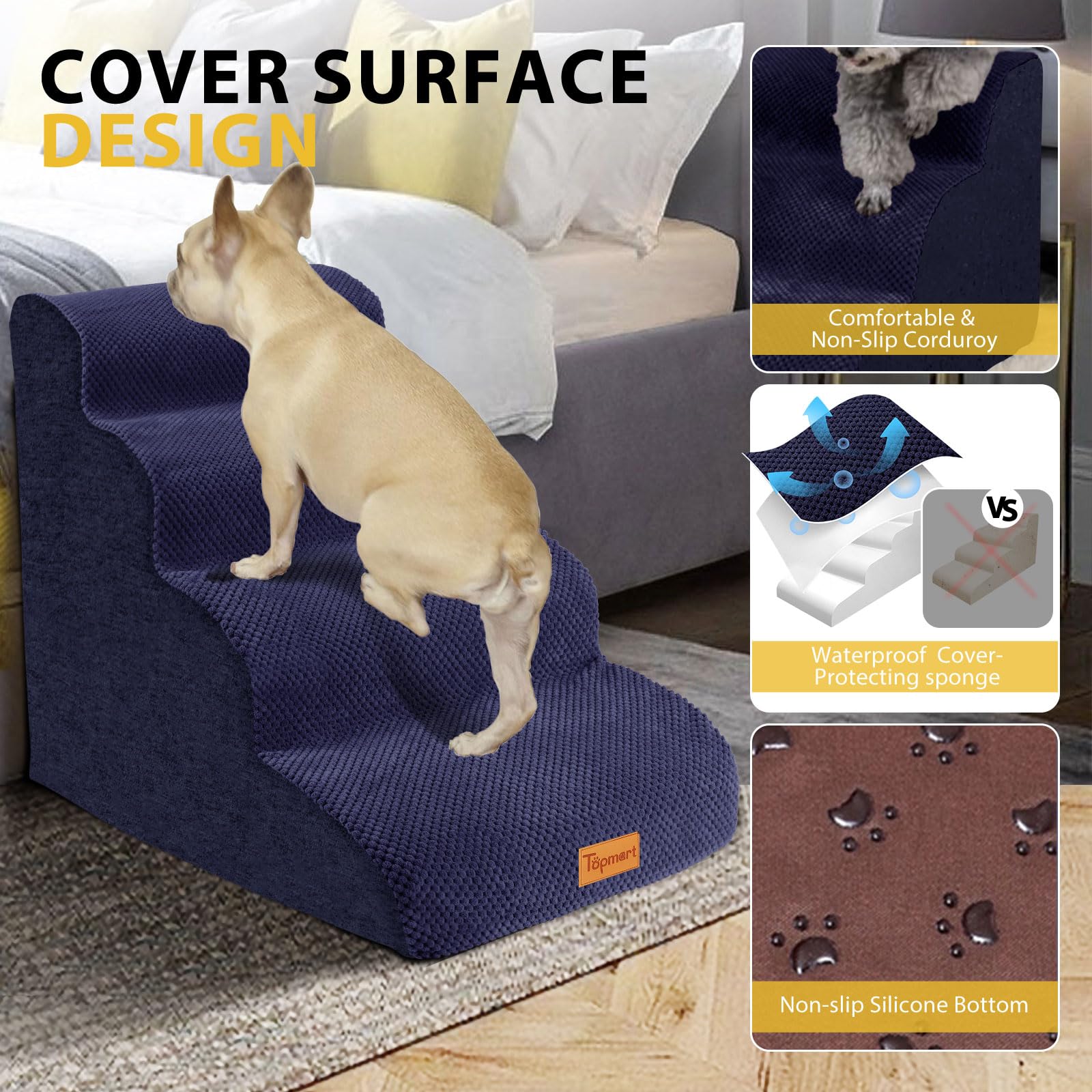 Dog Stairs For Small Dogs,4-Step,Foam Dog Steps&Ramps For Couch/High Beds With Waterproof &Removable Cover, Non-Slip, Blue