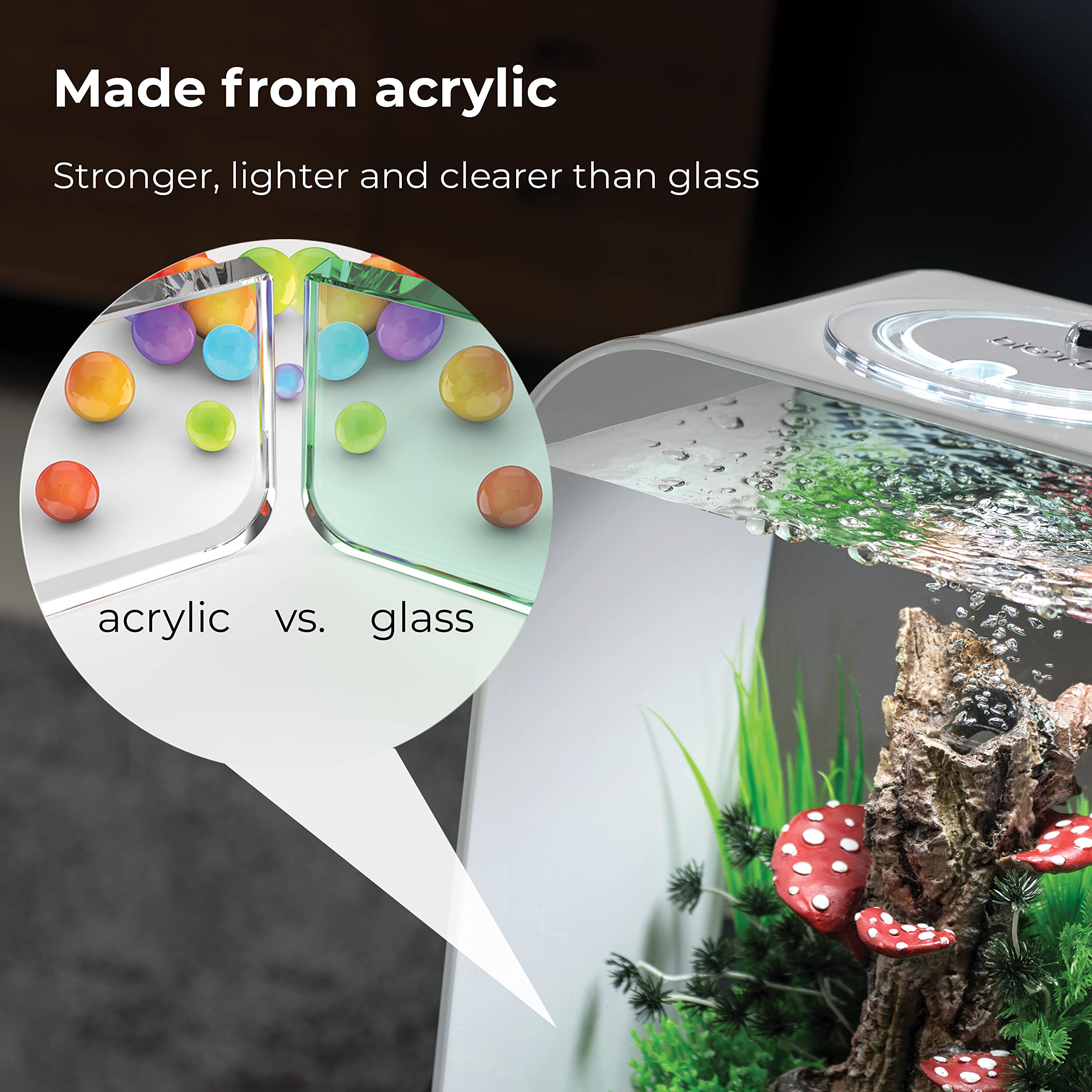 biOrb Life 15 Acrylic 4-Gallon Aquarium with White LED Lights Modern Compact Tank for Tabletop or Desktop Display, Black