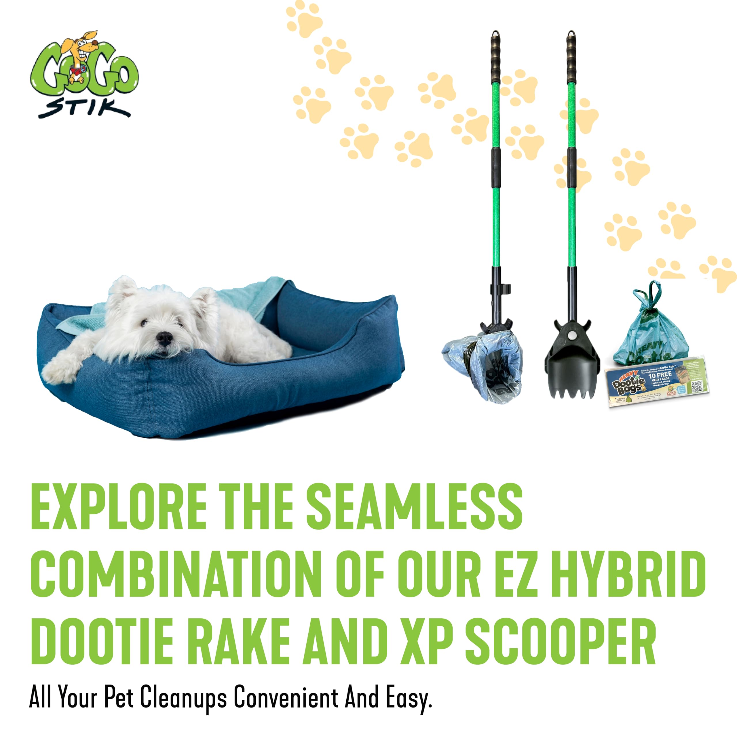 Xp Pooper Scooper & Rake Set - Quick, Clean, & Convenient. 37' No Bend. 10 Free Heavy Dootie Poop Bags For Dogs. Strong & Lightweight For All Dog Poop Cleanup & Waste Removal - Fits Any Style Bag.