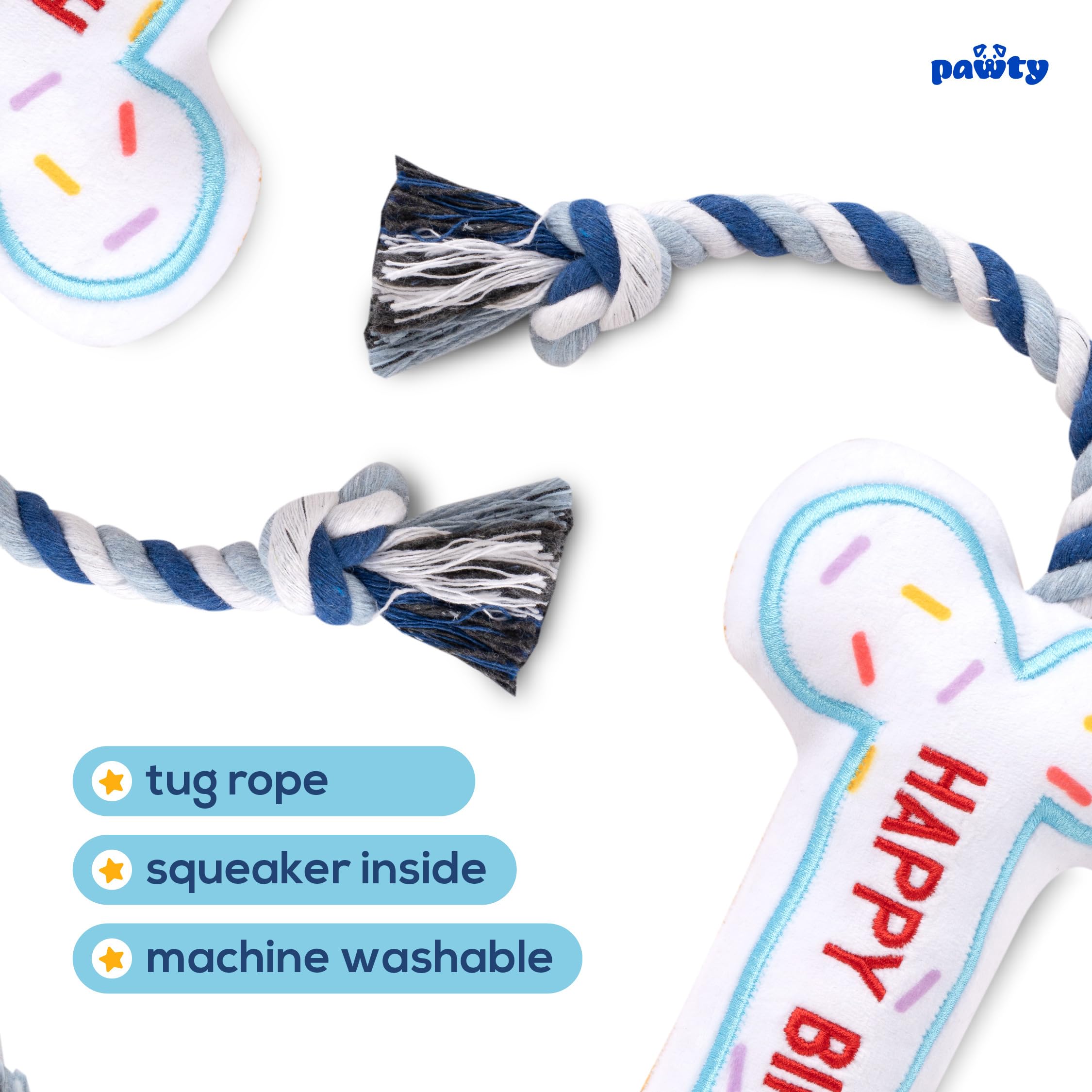 Birthday Bone Interactive Dog Toy - Interactive Tug Rope Pet Toy - Cute Unique Design Party Birthday Gift - Small Medium Puppy -