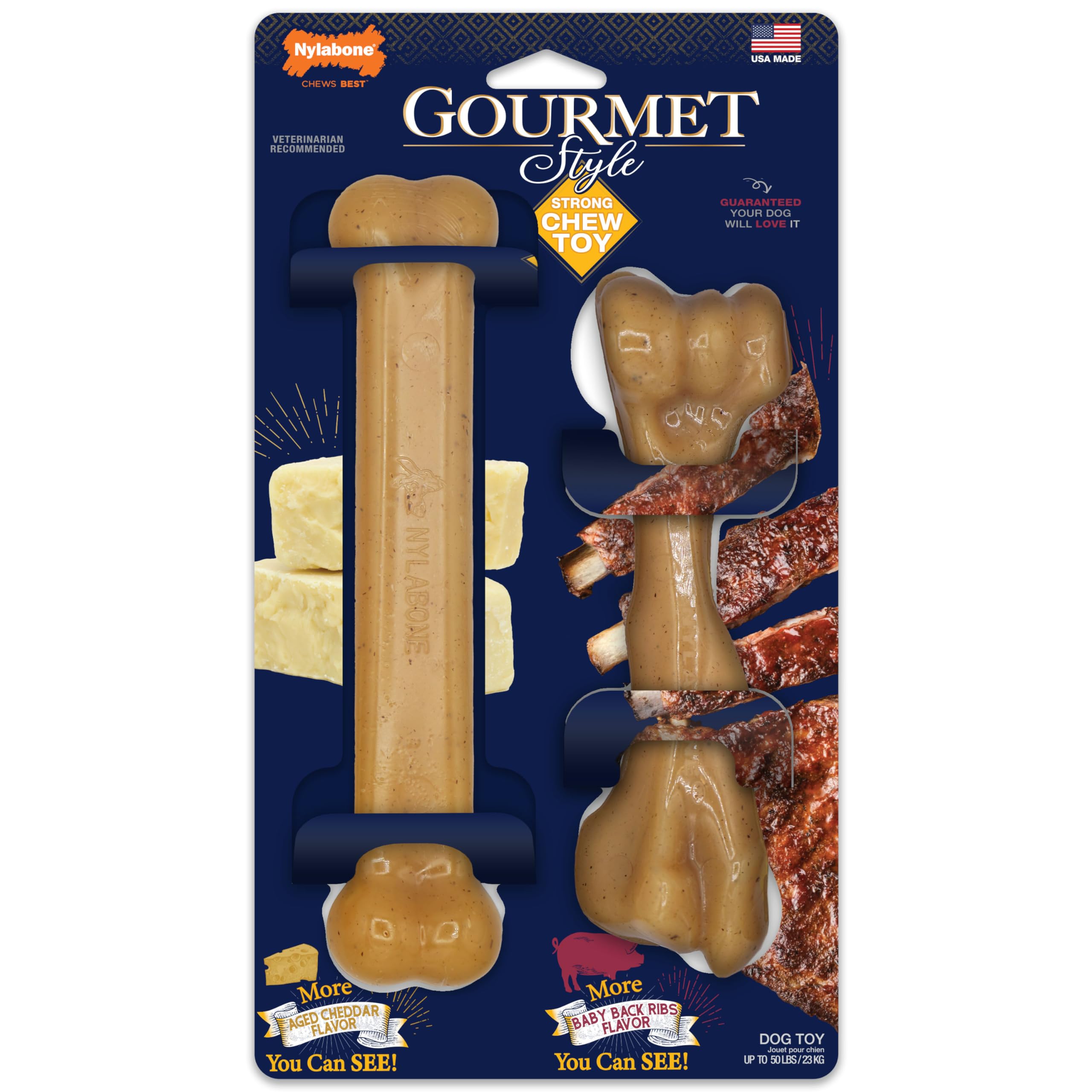 Nylabone Gourmet Style Strong Chew Toy Bundle, Toys for Dogs, Baby Back Ribs & Aged Cheddar Flavor, Large - Up to 50 lbs, 2 Pack