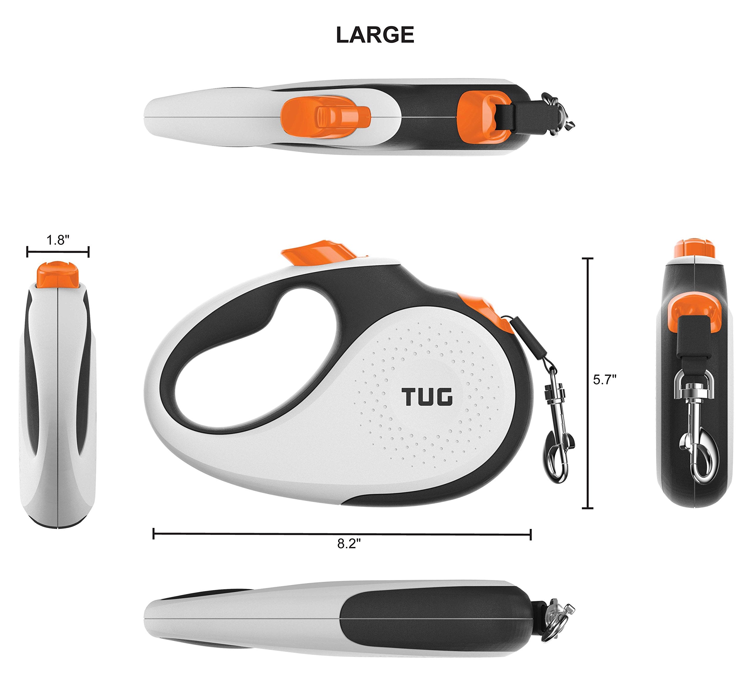 Tug 360 Tangle-Free Retractable Dog Leash With Waste Bag Dispenser (Large, White/Orange)