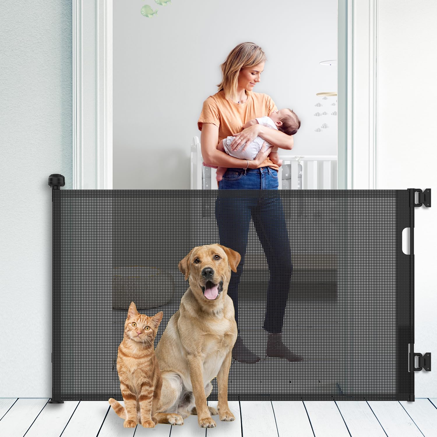 Upgraded Retractable Baby Gate for Stairs, 34Tall Expands 71Wide Ideal Safety Solution Dog Gate for Stairs Doorways Hallways Ind