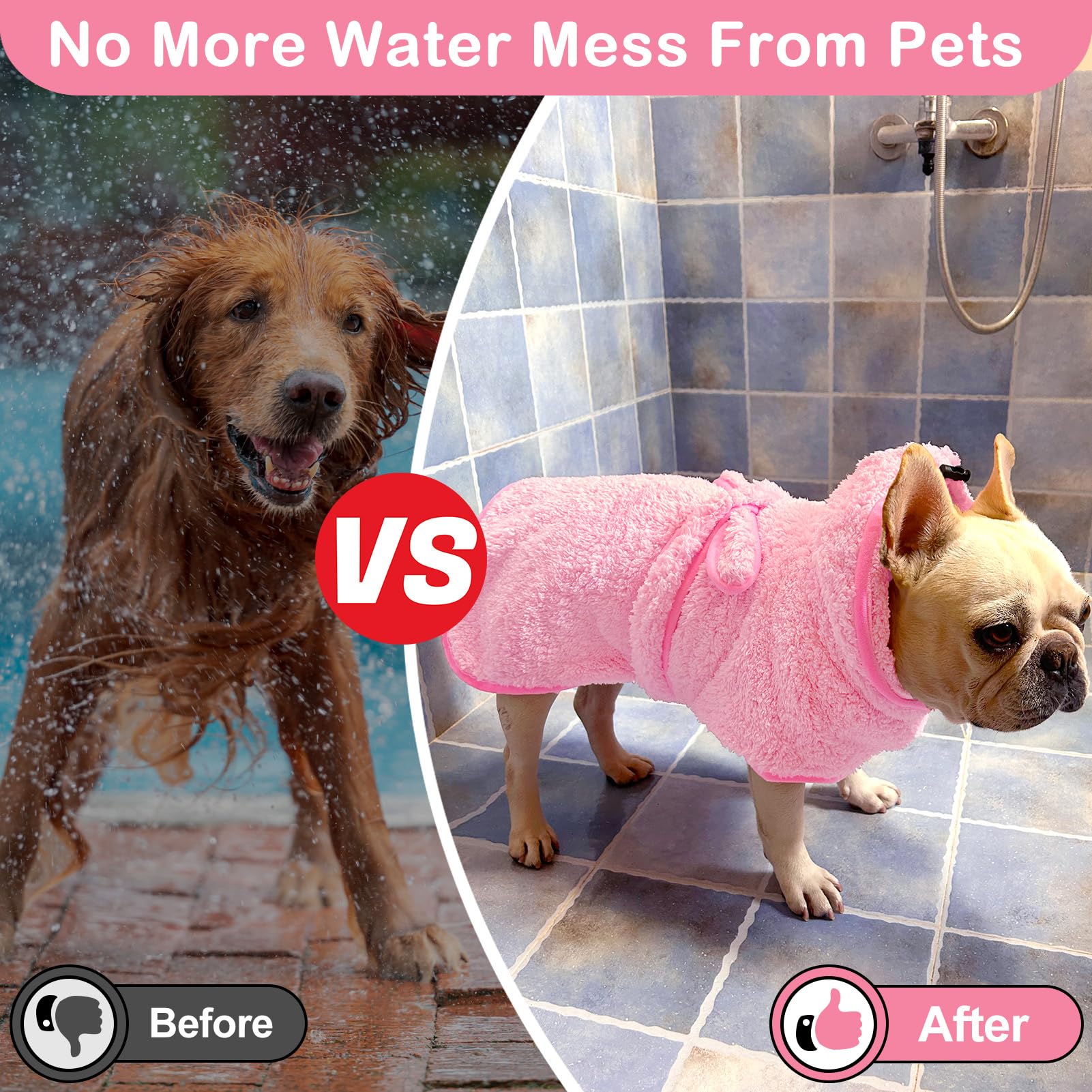 Bienbee Soft Dog Bathrobe,Super Absorbent & Quick-Drying Dog Robe With Hood, Cozy Drying Coat For After Bath, Pink Xl