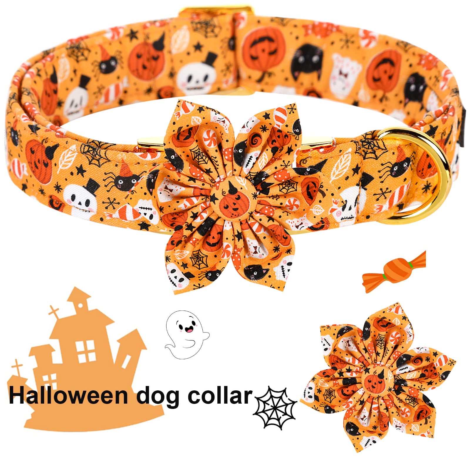 Aring Pet Dog Collar With Flower-Halloween Dog Collar Flower, Adorable Boy And Girl Ghost Pumpkin Dog Collars Gifts With Metal Buckle