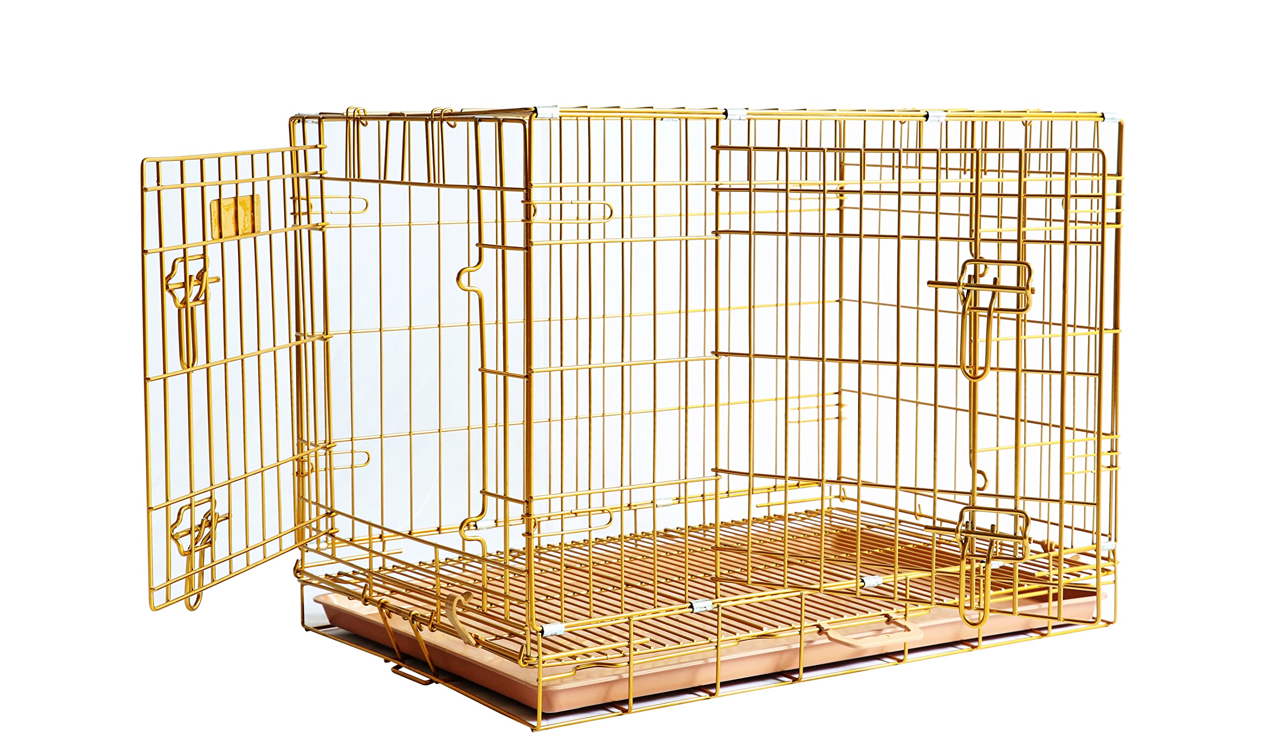 Homey Pet Gold Color Folding Design Dog Crate Puppy Kennel With Removable Floor Grid And Pull Out Tray