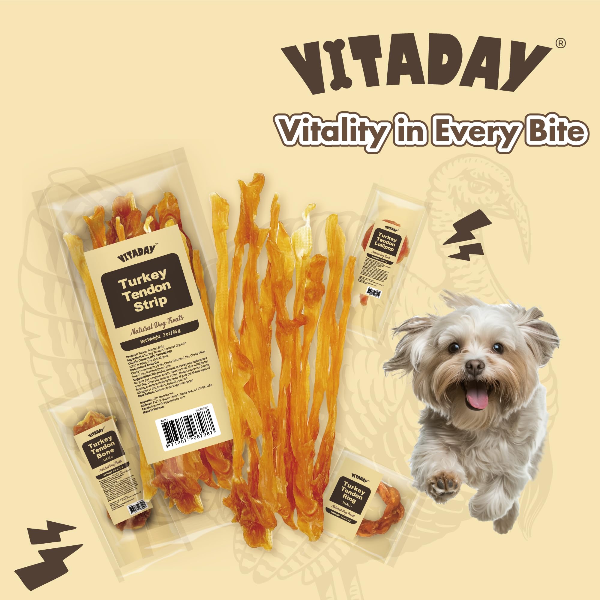 VITADAY Turkey Tendons for Dogs - All Natural, Hypoallergenic Treats, 3 oz Pack, Rawhide Free, Long Lasting Chews for Small Dogs