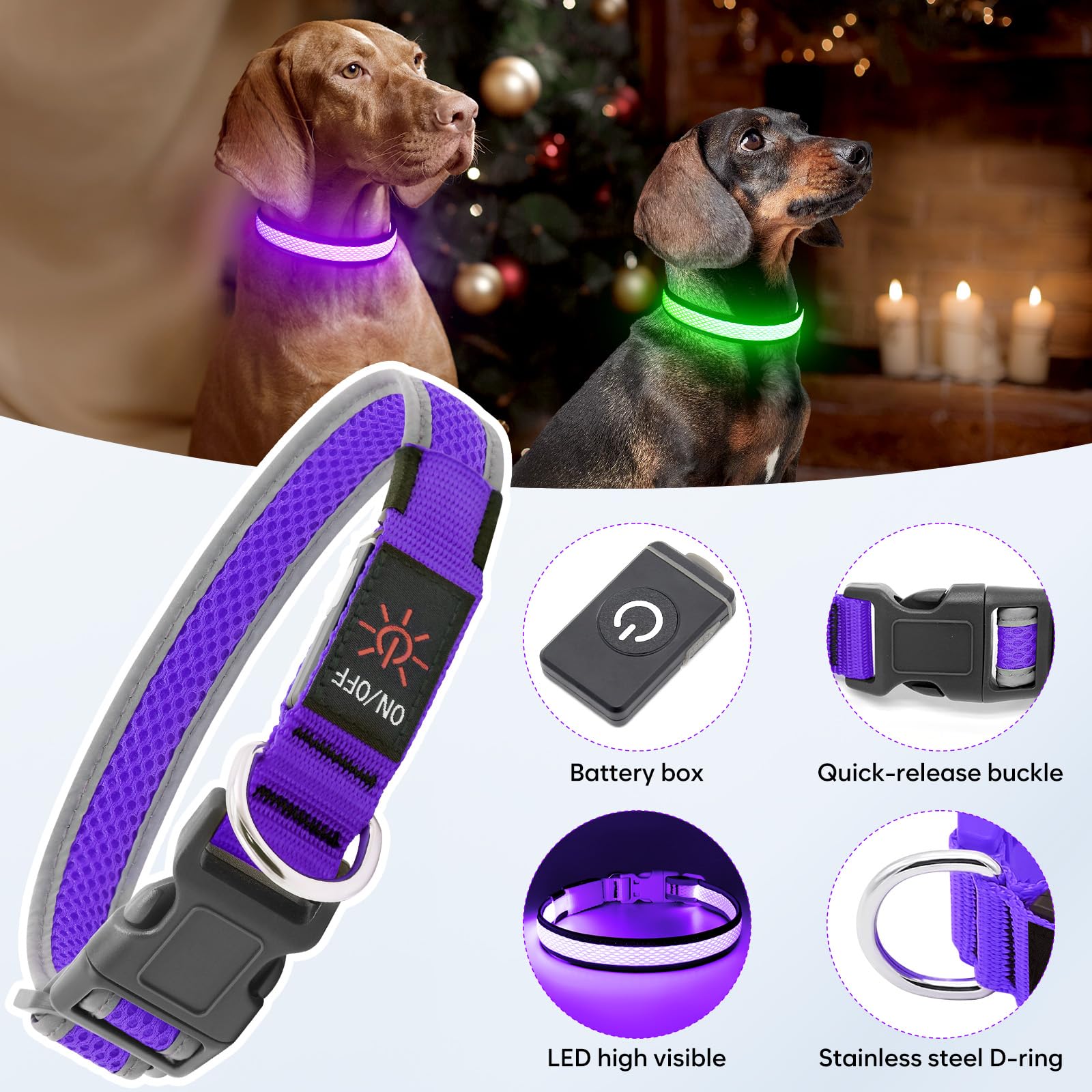 Flashseen Led Dog Collar, Light Up Dog Collar Light Usb Rechargeable, Adjustable Comfortable Soft Mesh Safety Dog Collar For Sma