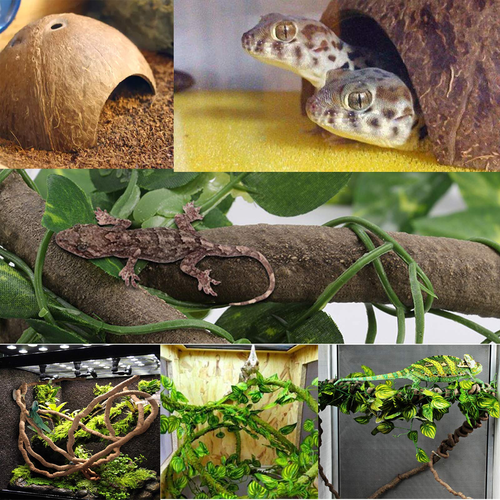 Kathson Leopard Gecko Tank Accessories Bearded Dragon Habitat Decor Reptile Hanging Plants Artificial Bendable Climbing Vines Lizard Hidden Coconut Shell Hole Hut For Chameleon, Snake, Iguana, Turtle